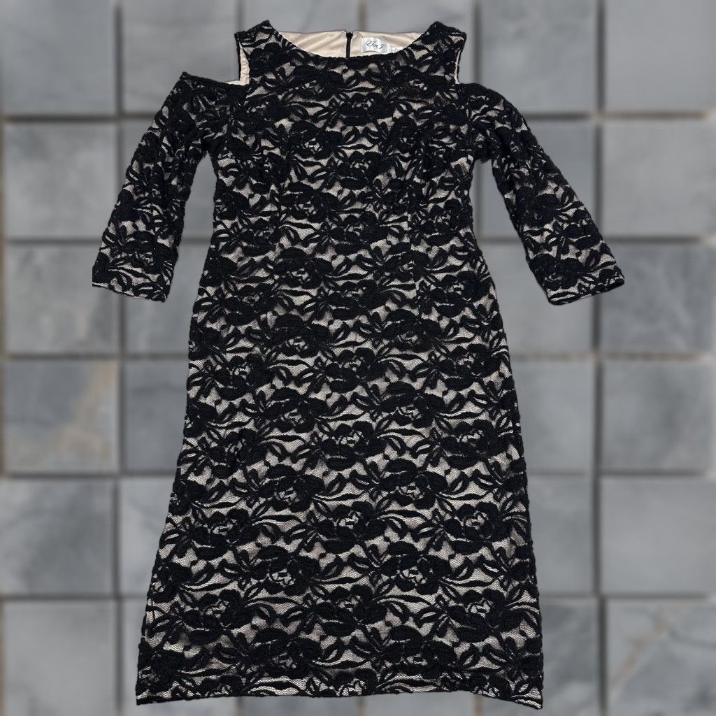 Eliza J Dress Womens 12 Black Floral Lace Cold Shoulder Sheath Knee Length Shirt? (Note: must use only original words and structure guidelines)
