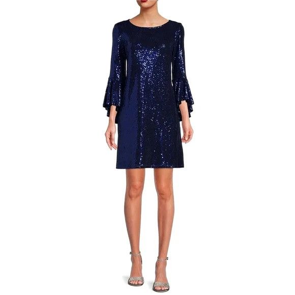 image of Very Vince Camuto 3/4 Flounce Sleeve Metallic Sequin Shift Dress NWOT Evening in Blue, Women's (Siz