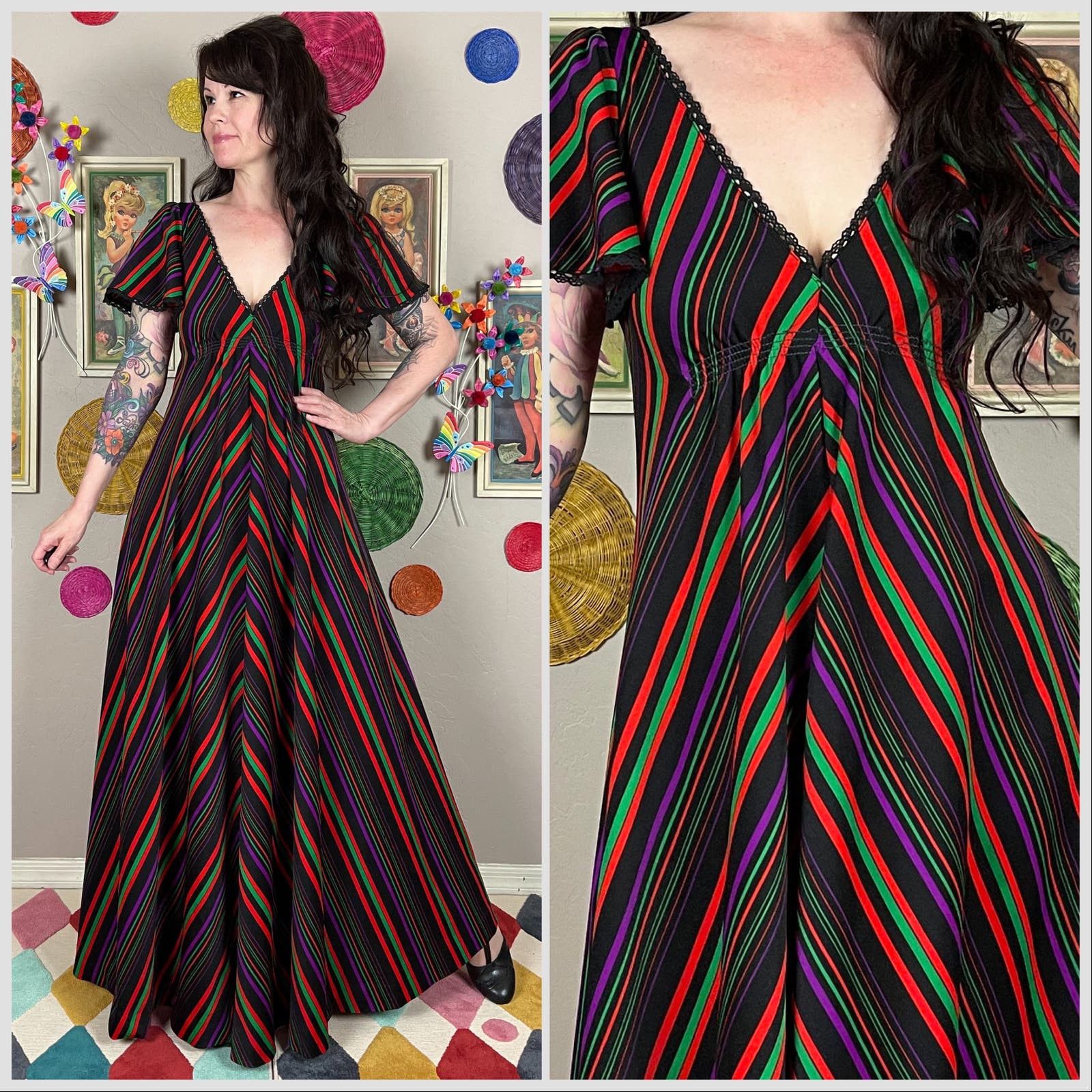 image of Vintage 1970S Striped Maxi Dress With Flutter Sleeves in Black, Women's (Size Small)