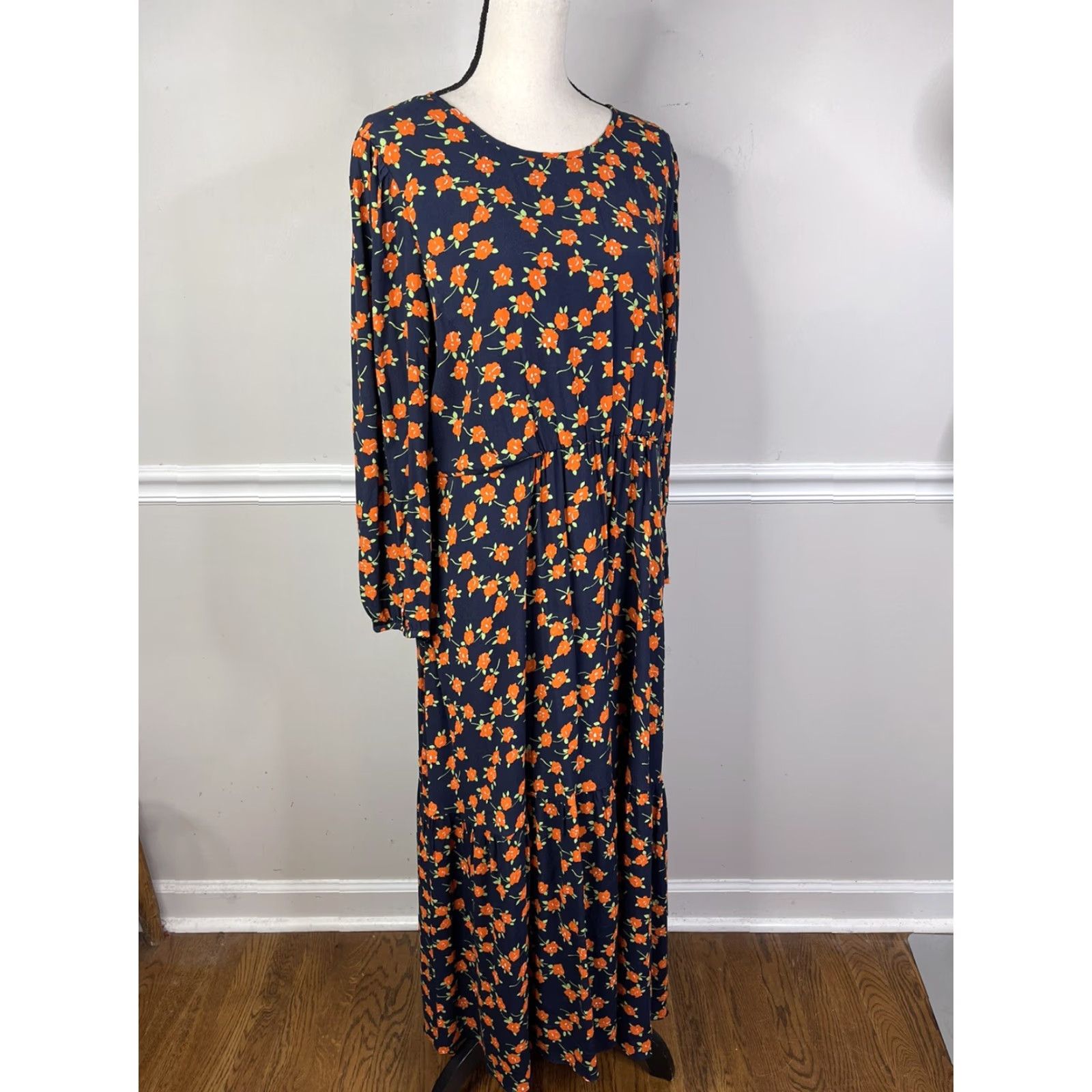 J.CREW Maxi Floral Dress Size 16 Long Sleeve Poppy Print High Waist Casual  Womens