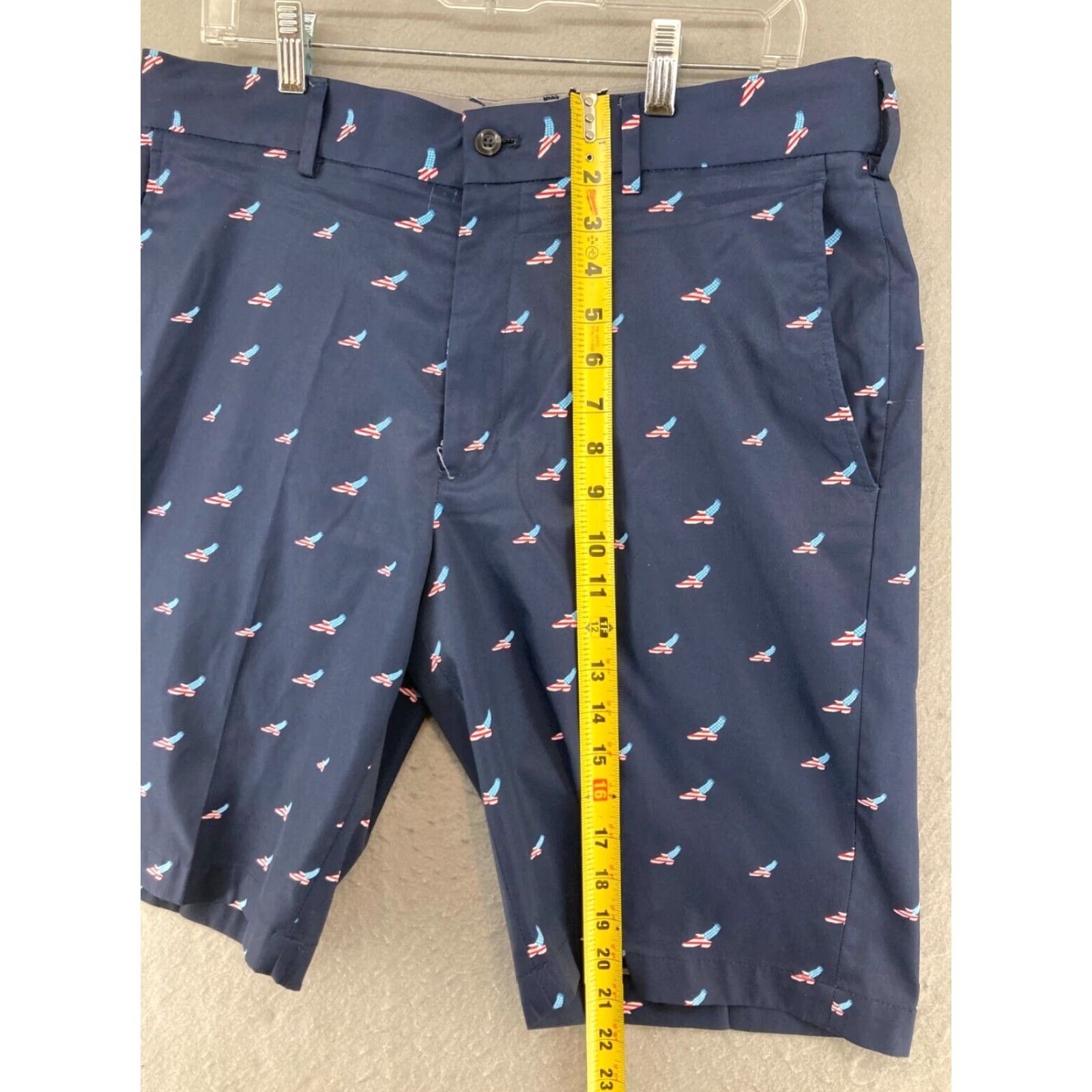 Vintage Walter Hagen Mens Shorts Chino 35 Blue Graphic Print American Theme Mens Regular Waist 35 Inseam 10 Blue Polyester Microfiber Zipper Pocket Size US 35 - 3 Thumbnail