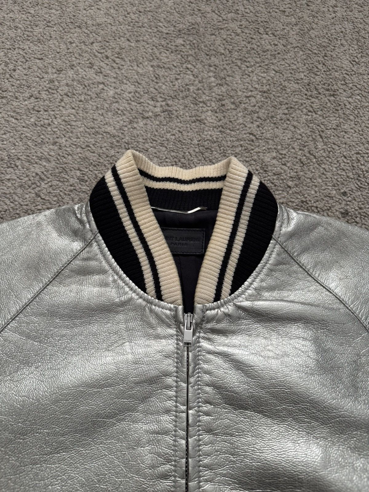 Saint Laurent Paris SS14 Saint Laurent Hedi Slimane Silver Varsity Teddy Jacket Size US S / EU 44-46 / 1 - 2 Thumbnail