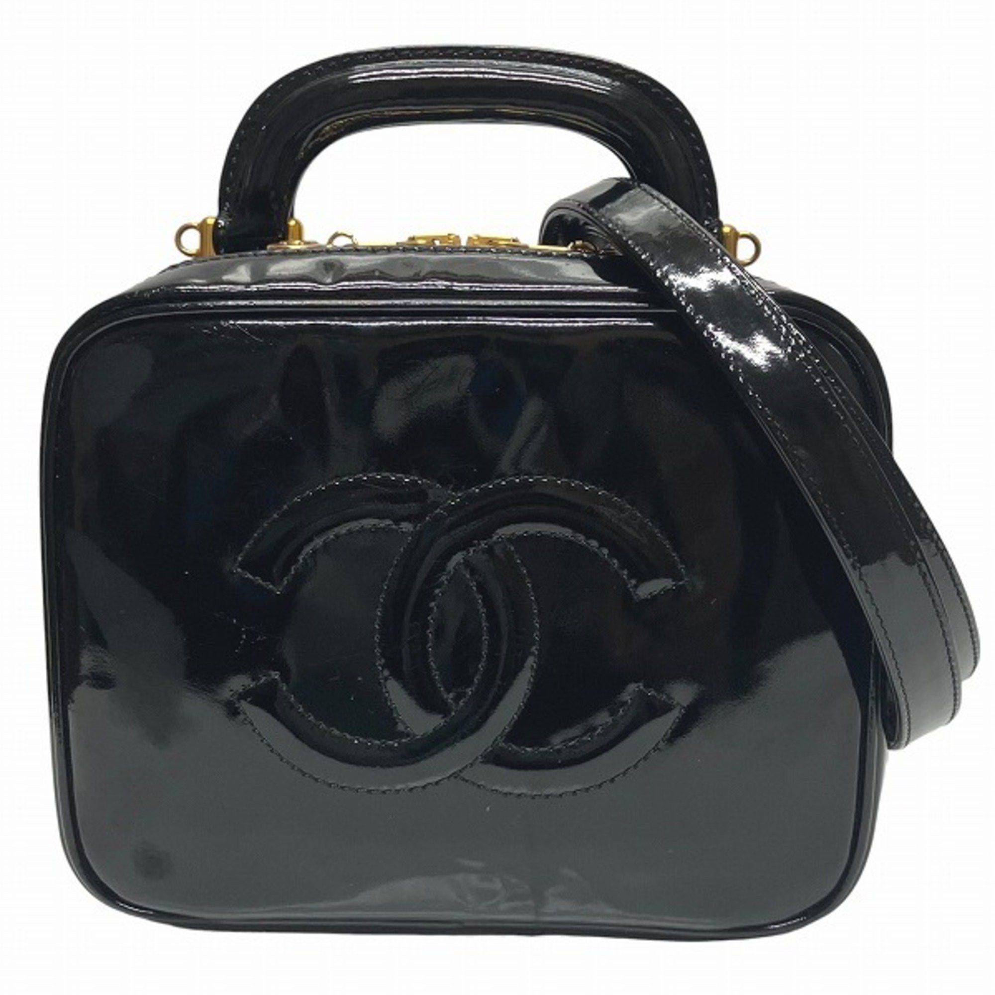 Chanel A07060 Vanity 2Way Patent Leather Bag Handbag Shoulder Women's in Black