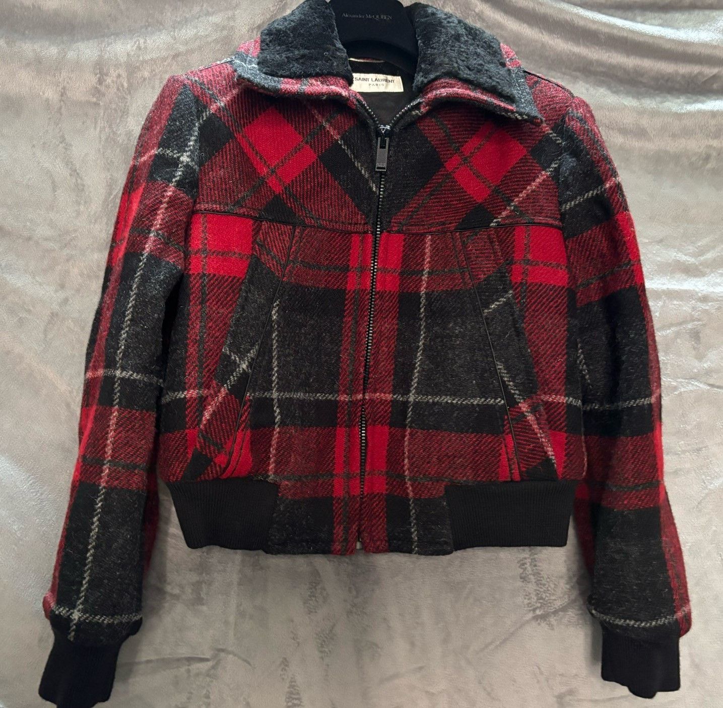 Saint Laurent Paris YSL Red Black Plaid Fur Collar Jacket Size M / US 6-8 / IT 42-44 - 1 Thumbnail