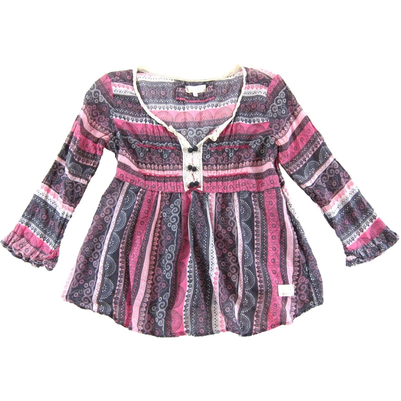 Pinko Odd Molly Blouse 3/4 Sleeve Peasant 100% Cotton Lightweight Pink Grey Size 2 Floral V-Neck Zip Womens Size XS / US 0-2 / IT 36-38 - 2 Thumbnail