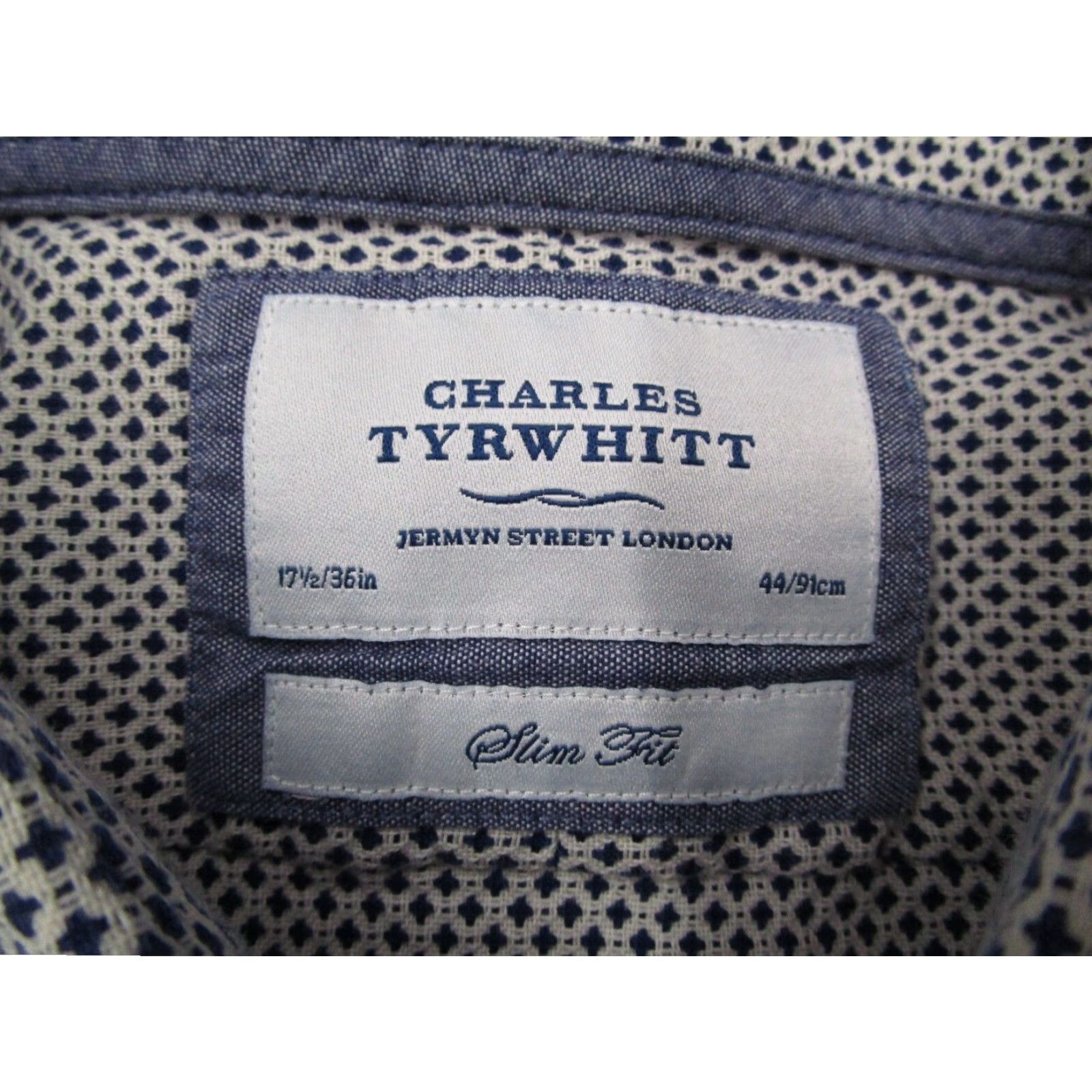 Charles Tyrwhitt Charles Tyrwhitt Men's Slim Fit Blue Geometric Pattern Dress Shirt 36 17.5 Cotton Long Sleeve Size 36R - 3 Thumbnail