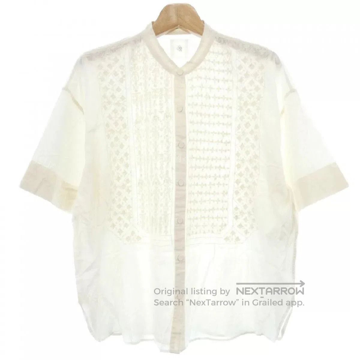 Beige Embroidered Short Sleeve Shirt.