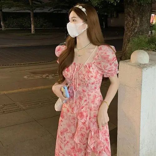 image of Vintage Puff Sleeve Irregular Print Dresses in Pink, Women's