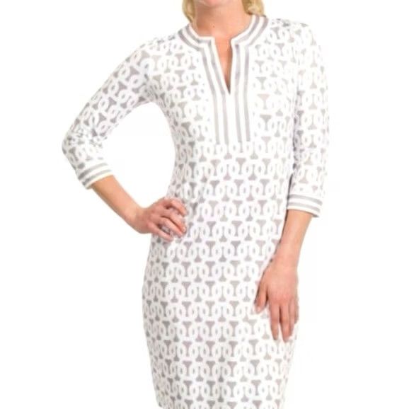 Vintage Gretchen Scott Geometric Knit Jersey Dress Split Neck 3/4 Sleeve XS Grey White Knee Length Size XS / US 0-2 / IT 36-38 - 2 Thumbnail