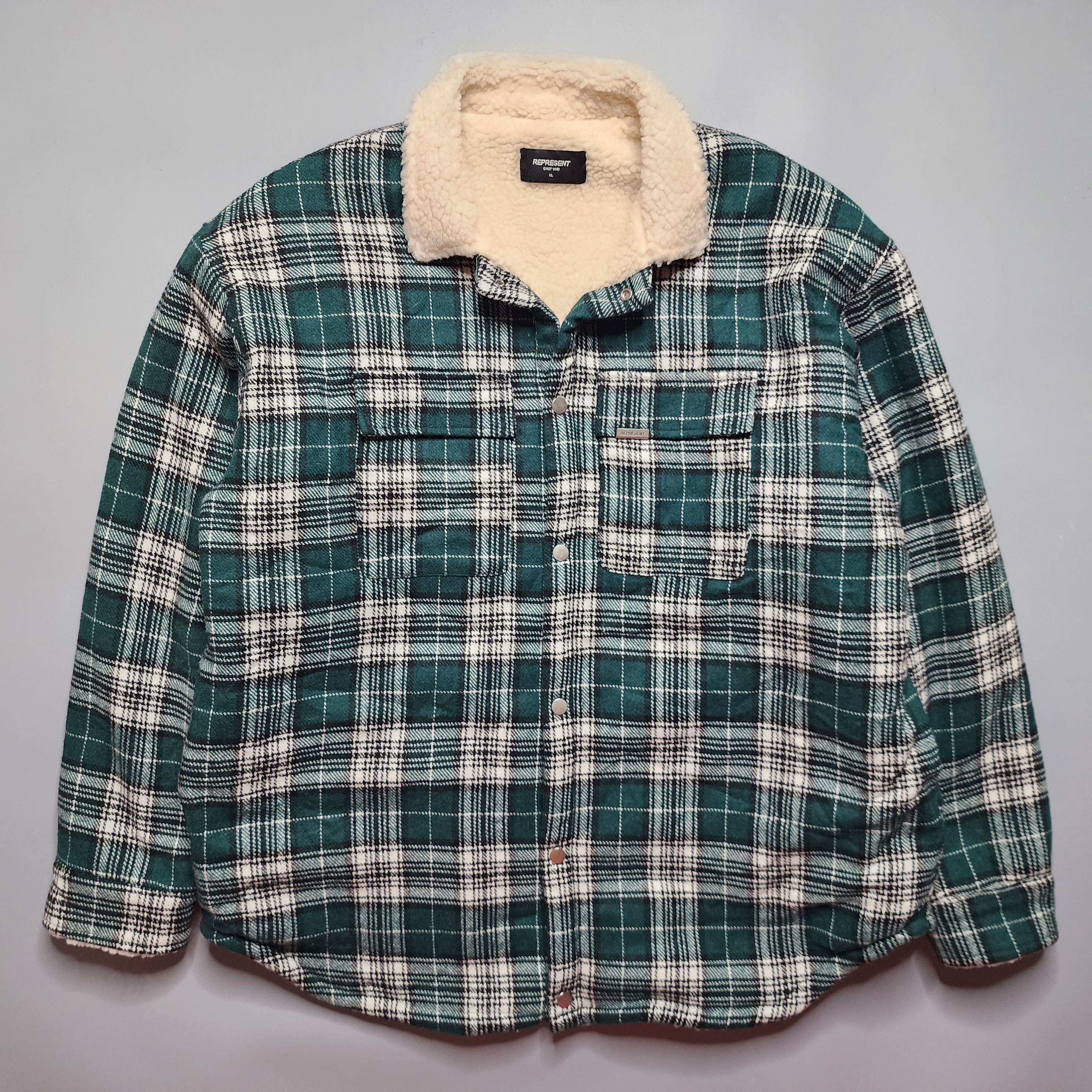 image of Represent Clo Represent - Sherpa Flannel Overshirt Jacket in Green, Men's (Size XL)
