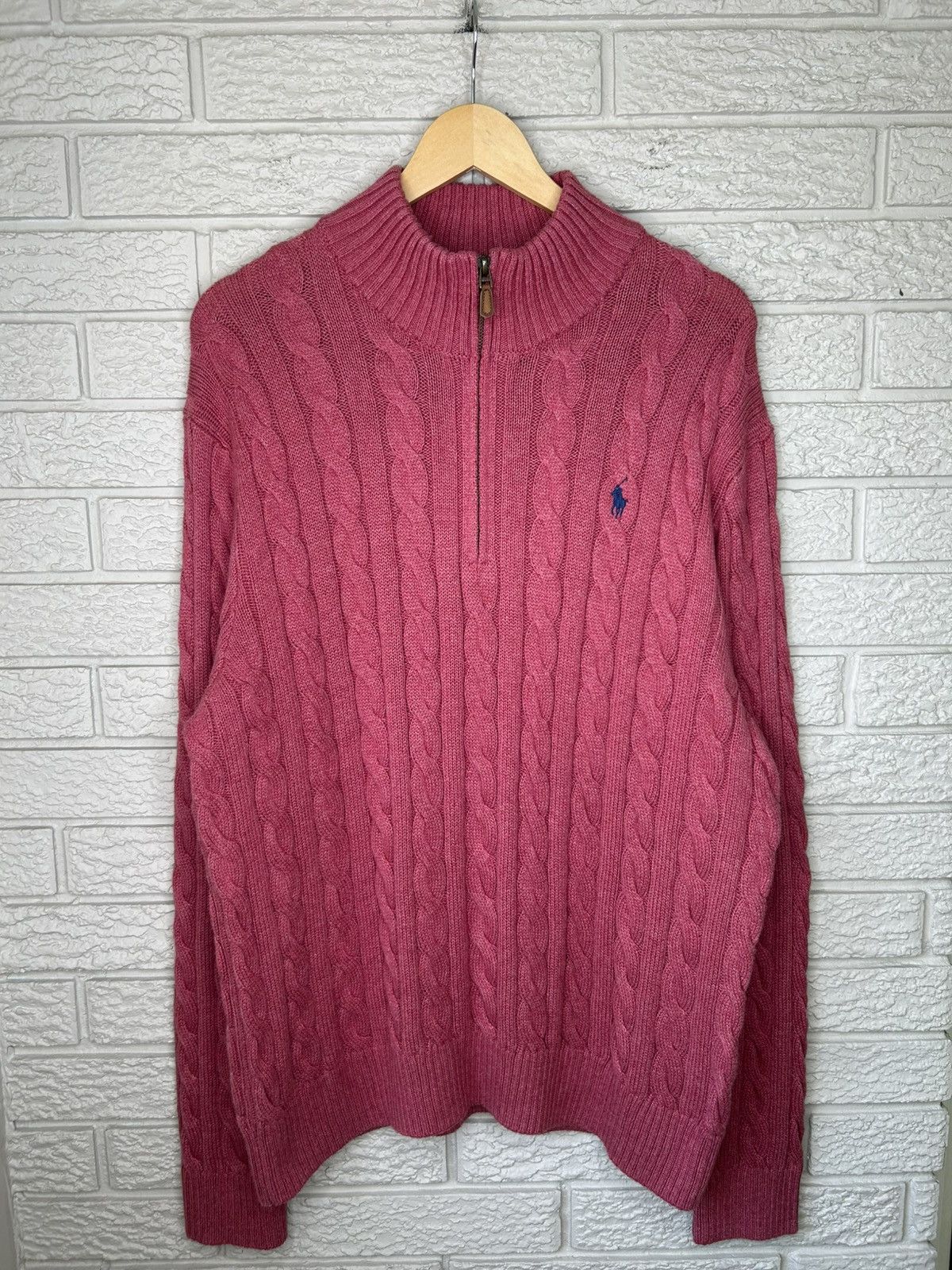 Polo Ralph Lauren Polo Ralph Lauren Pink Quarter Zip Cable Knit Sweater Size US XL / EU 56 / 4 - 1 Thumbnail