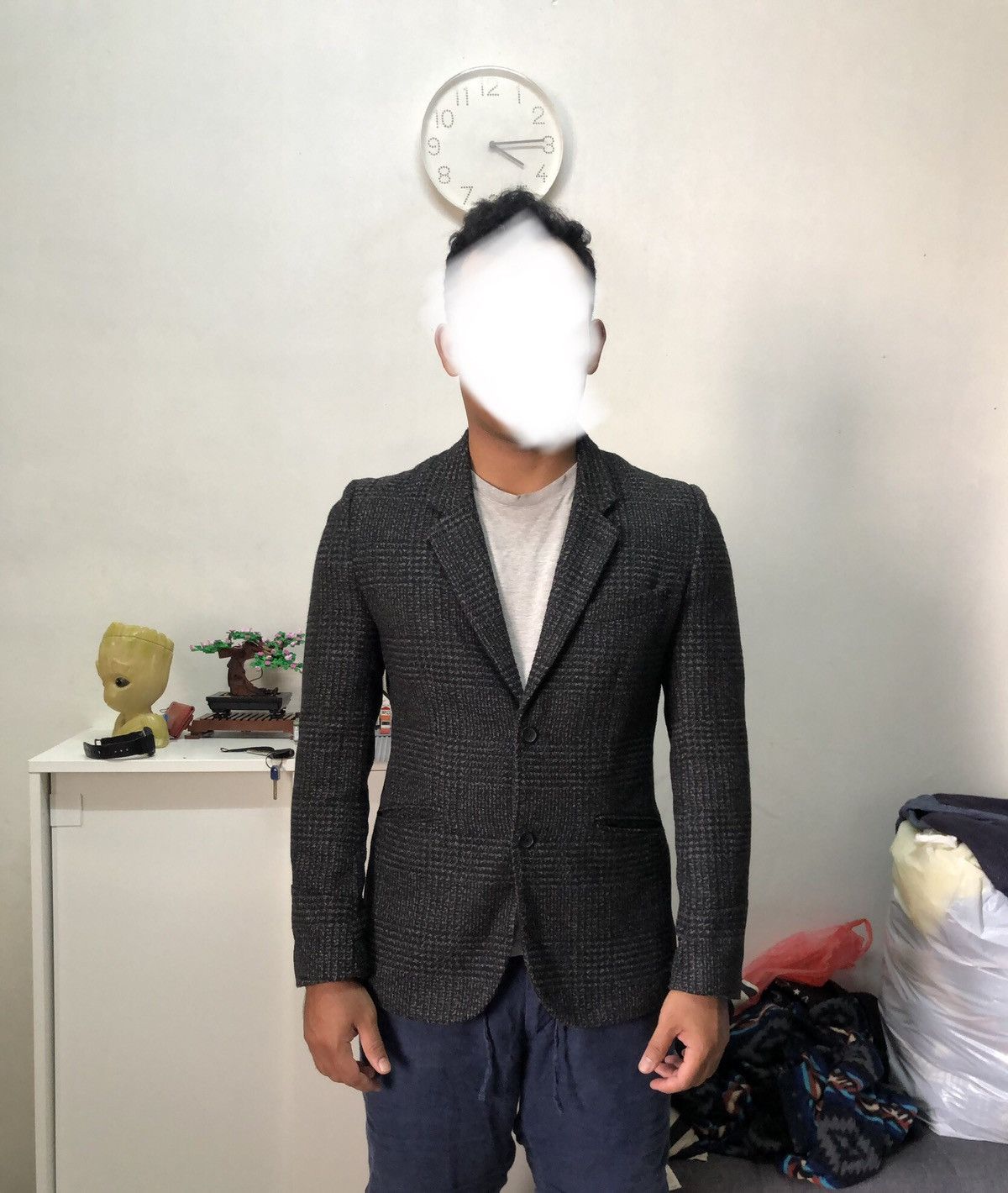 Japanese Brand Vtg Uniqlo Tweed Gingham Dark Grey Single Breasted Blazer Size US L / EU 52-54 / 3 - 15 Thumbnail