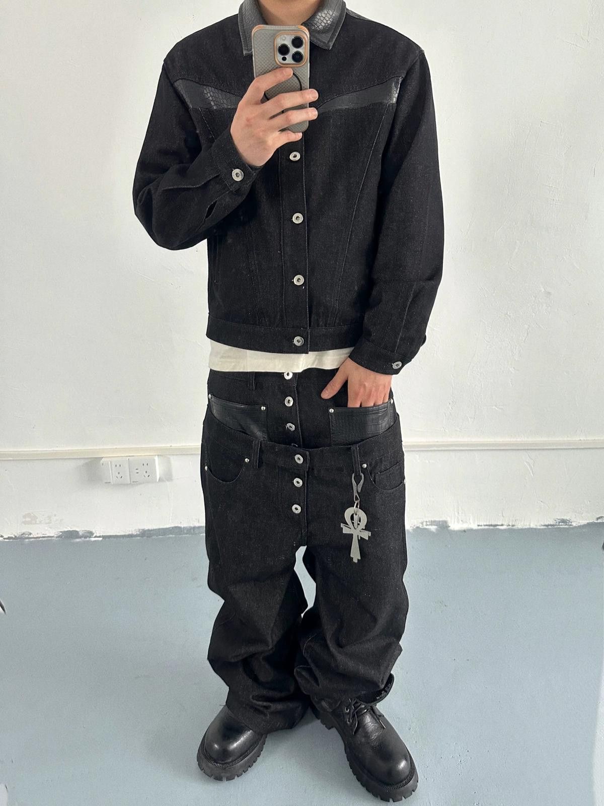 Leather Raw Denim PU-Collar Workwear Jacket | Short Boxy Size US M / EU 48-50 / 2 - 1 Thumbnail