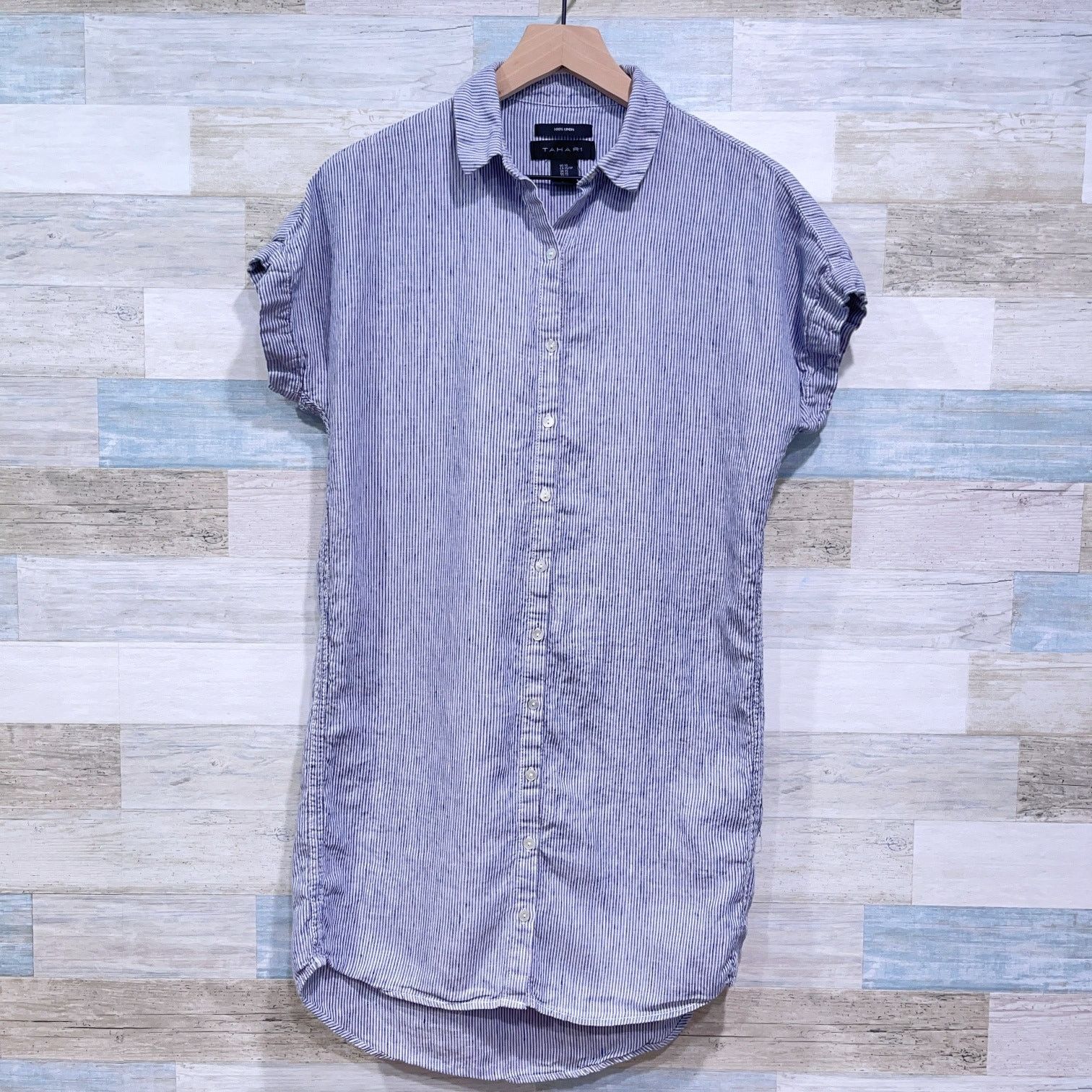 Elie Tahari Tahari Linen Short Sleeve Shirt Dress Blue White Stripe XS Size XS / US 0-2 / IT 36-38 - 1 Thumbnail