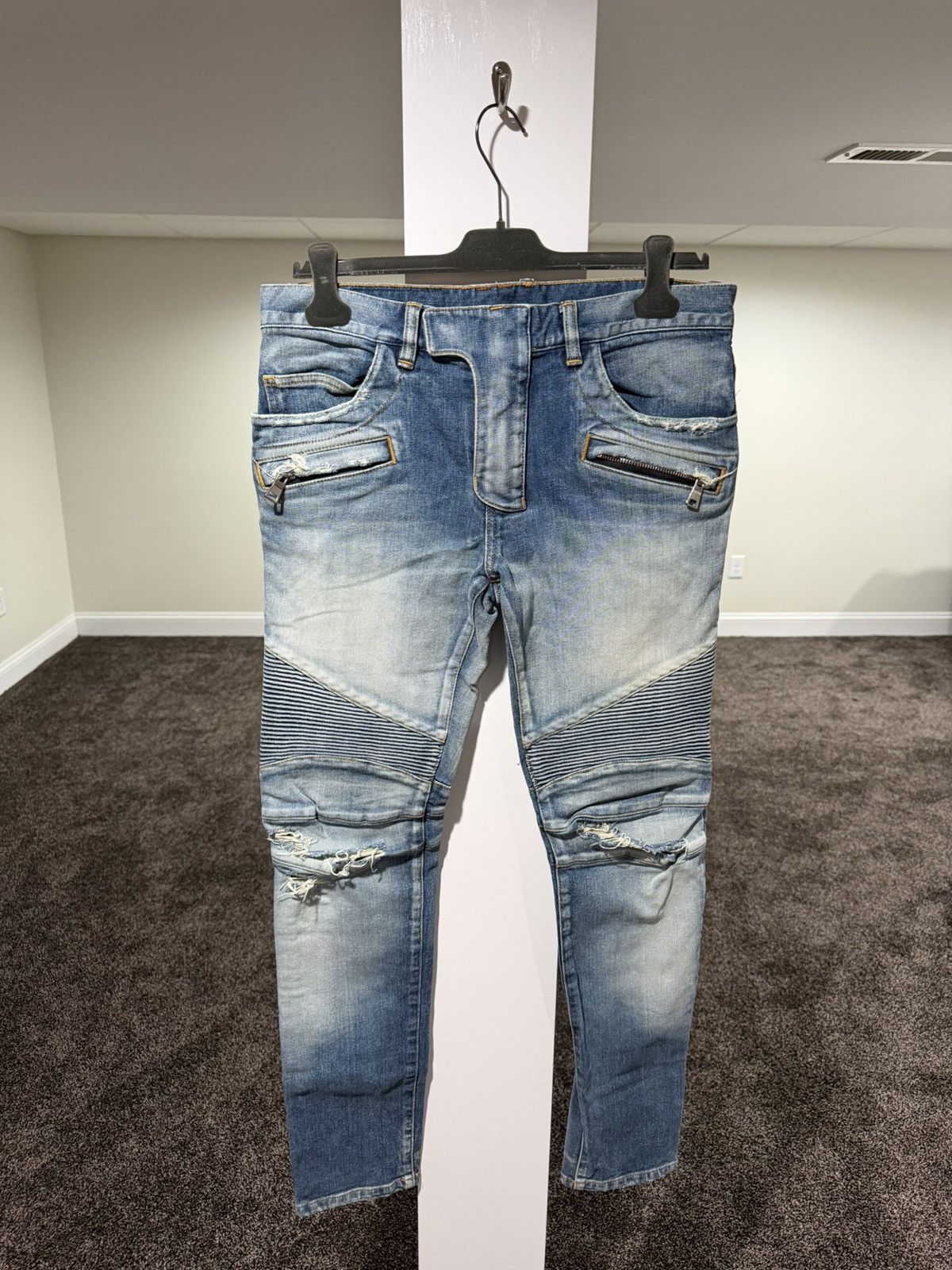 Balmain Balmain OG Biker Distressed Stone Wash Blue Denim Jeans Size US 31 - 2 Thumbnail