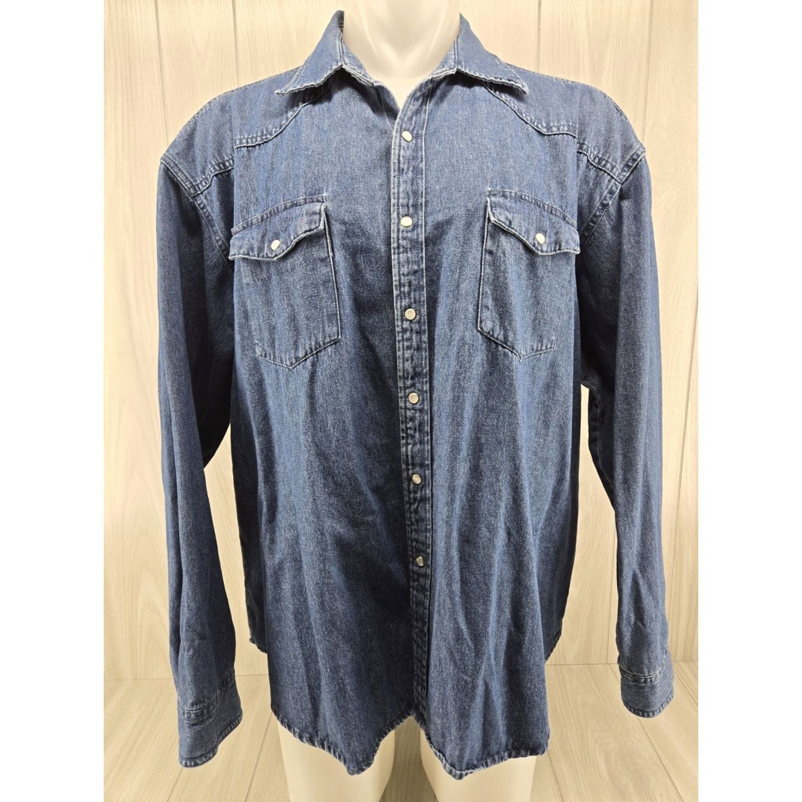 Wrangler Wrangler Shirt Button-Up Denim Long Sleeve Pearl Snap Western Trucker 2XL Mens Blue Cotton Size US XXL / EU 58 / 5 - 2 Thumbnail