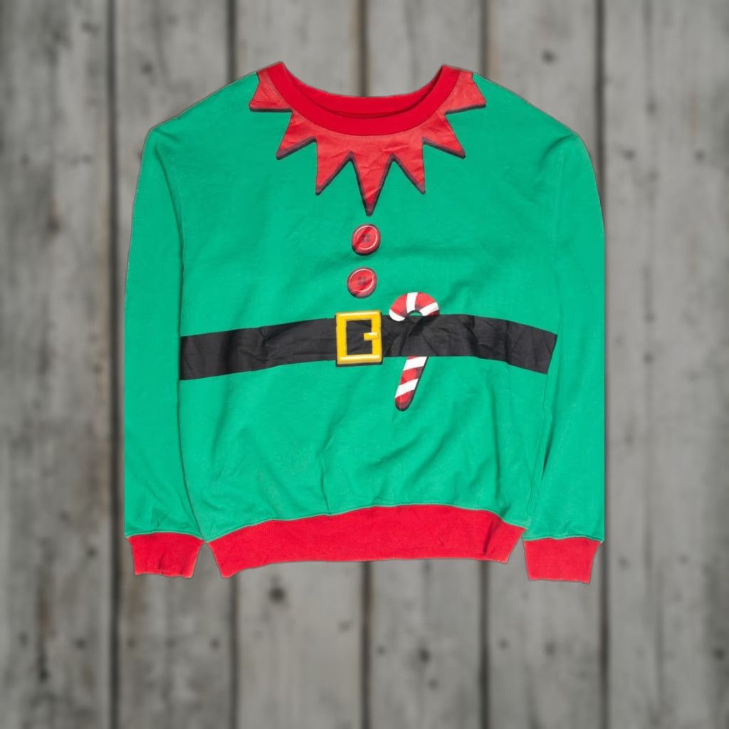Vintage VINTAGE Ugly Christmas Sweatshirt Elf Graphic Cold Crush Large Green Cotton / Polyester Sweatshirt Mens Womens Size L / US 10 / IT 46 - 1 Thumbnail