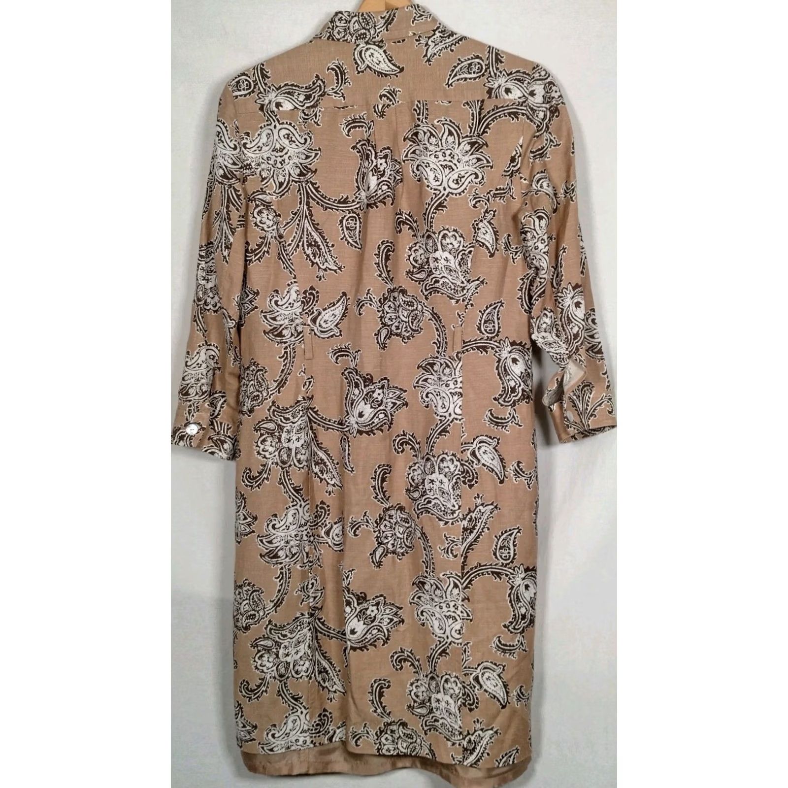 Kasper Kasper Shirt Dress Size 8 Button Front Collared 3/4 Sleeve Brown Floral Paisley Linen Rayon Knee Length Women Dress Size M / US 6-8 / IT 42-44 - 2 Thumbnail