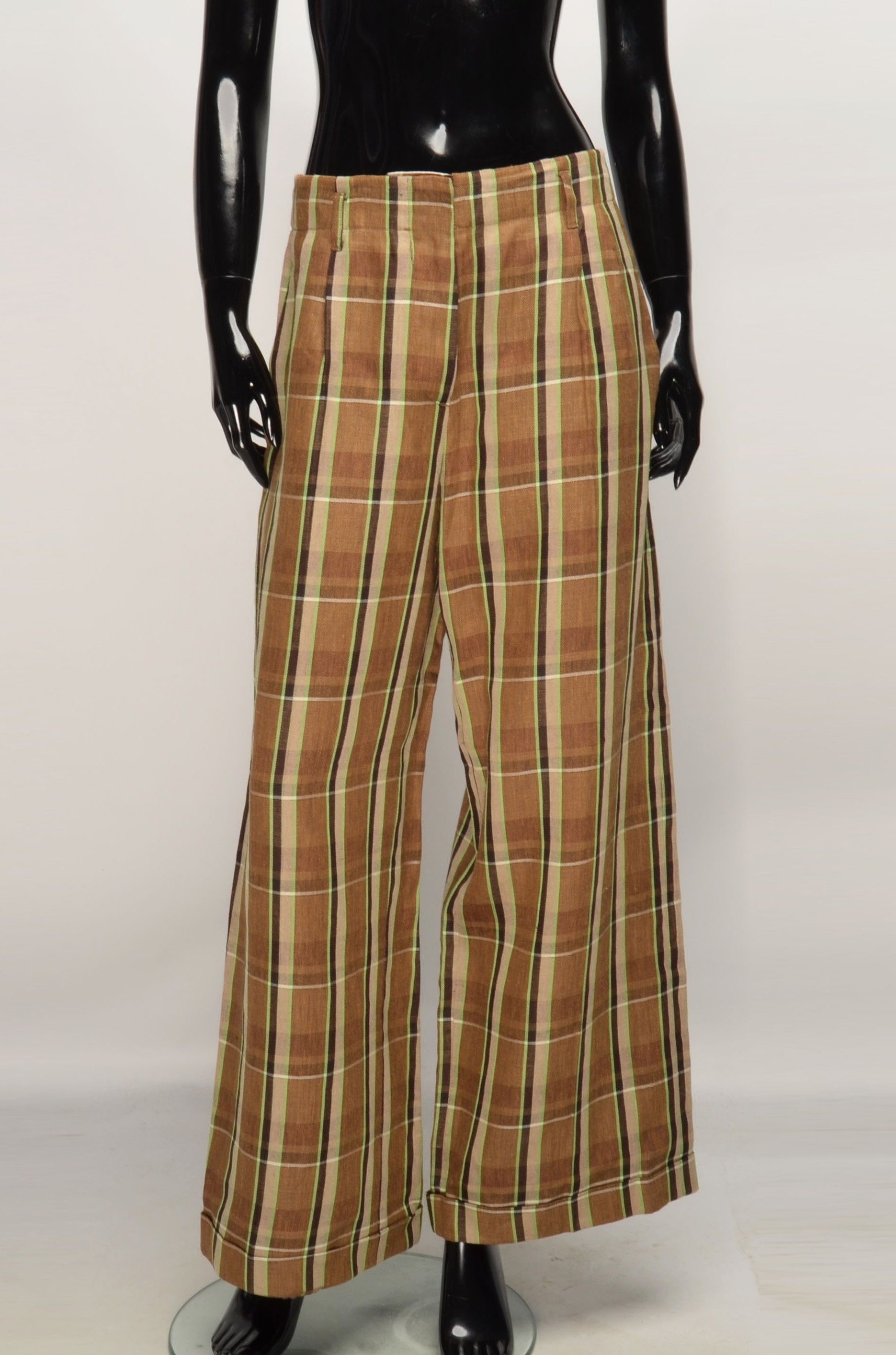 Designer Tela Linen Blend Plaid Wide Leg Trousers Pants Size 28" / US 6 / IT 42 - 1 Thumbnail