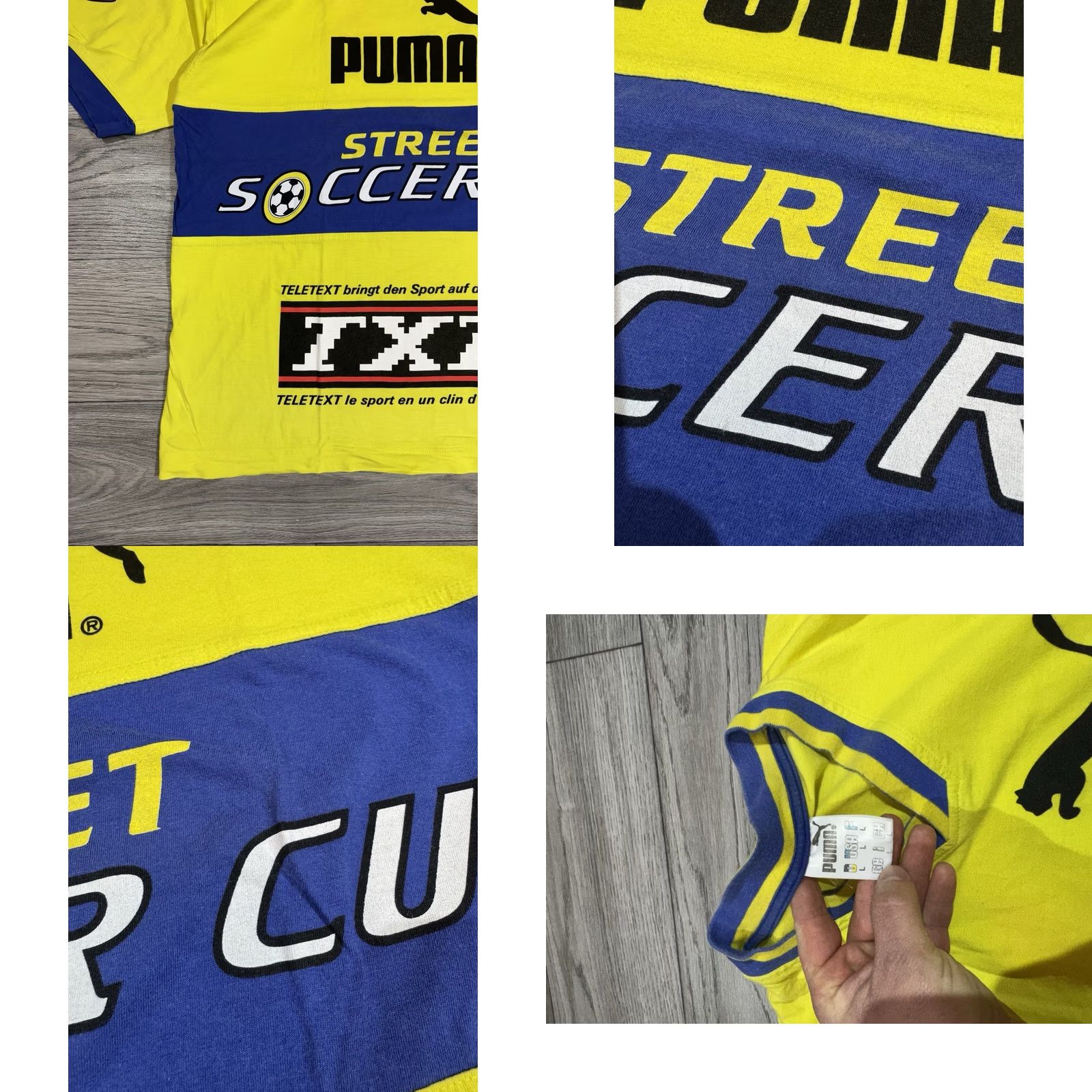Puma VINTAGE Puma Street Soccer Cup PlayStation Snickers T-shirt V-Neck L Mens Yellow 90s Short Sleeve Cotton Shirt Size US L / EU 52-54 / 3 - 8 Thumbnail