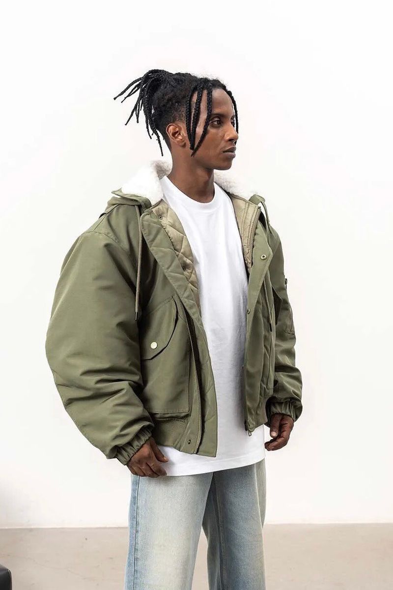 image of Vintage Solid Parkas Multi Pockets Puffer Jacket Coat Bomber in Khaki, Men's (Size XL)