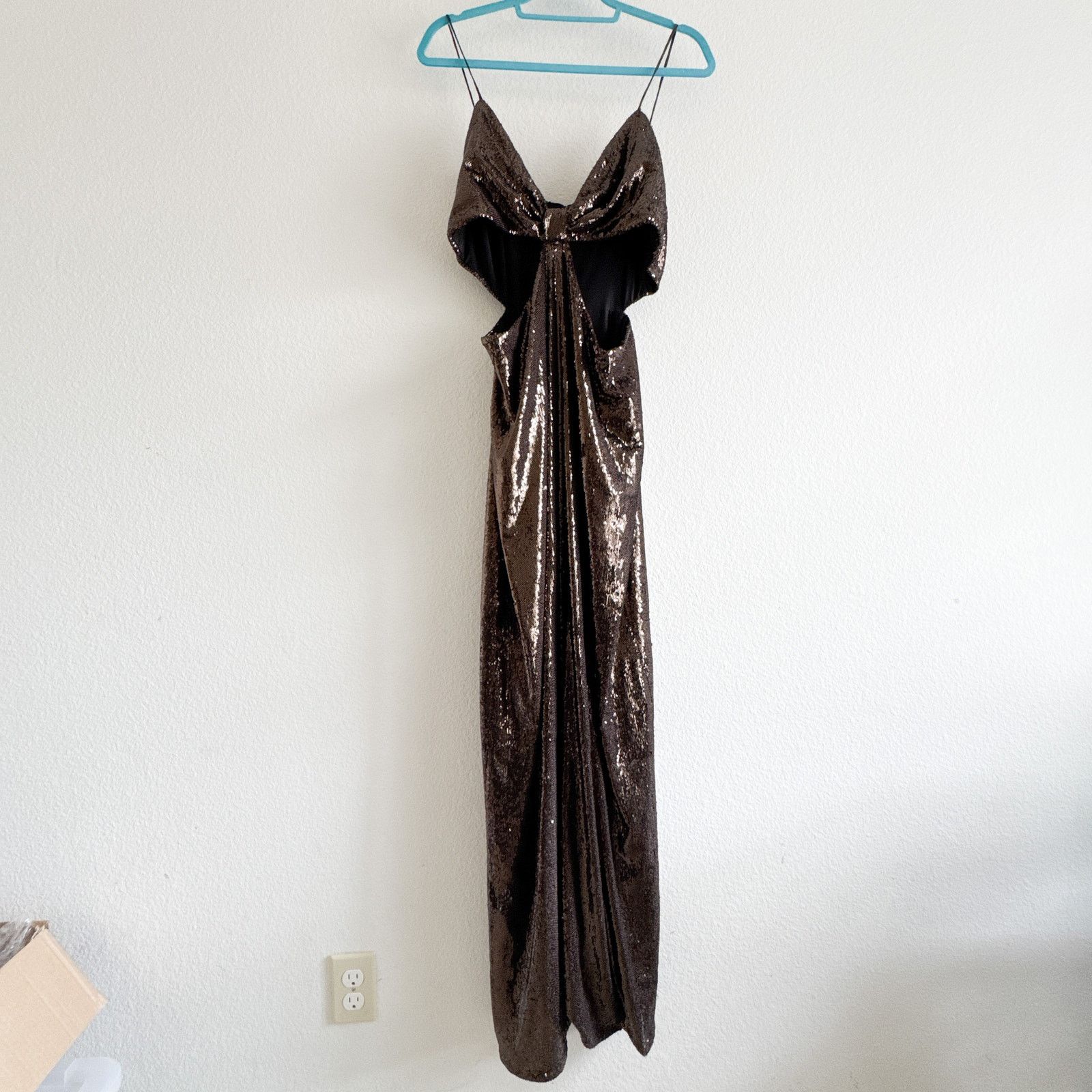 HALSTON Chloe Gown Maxi Dress Sequins Espresso Brown Sz 12