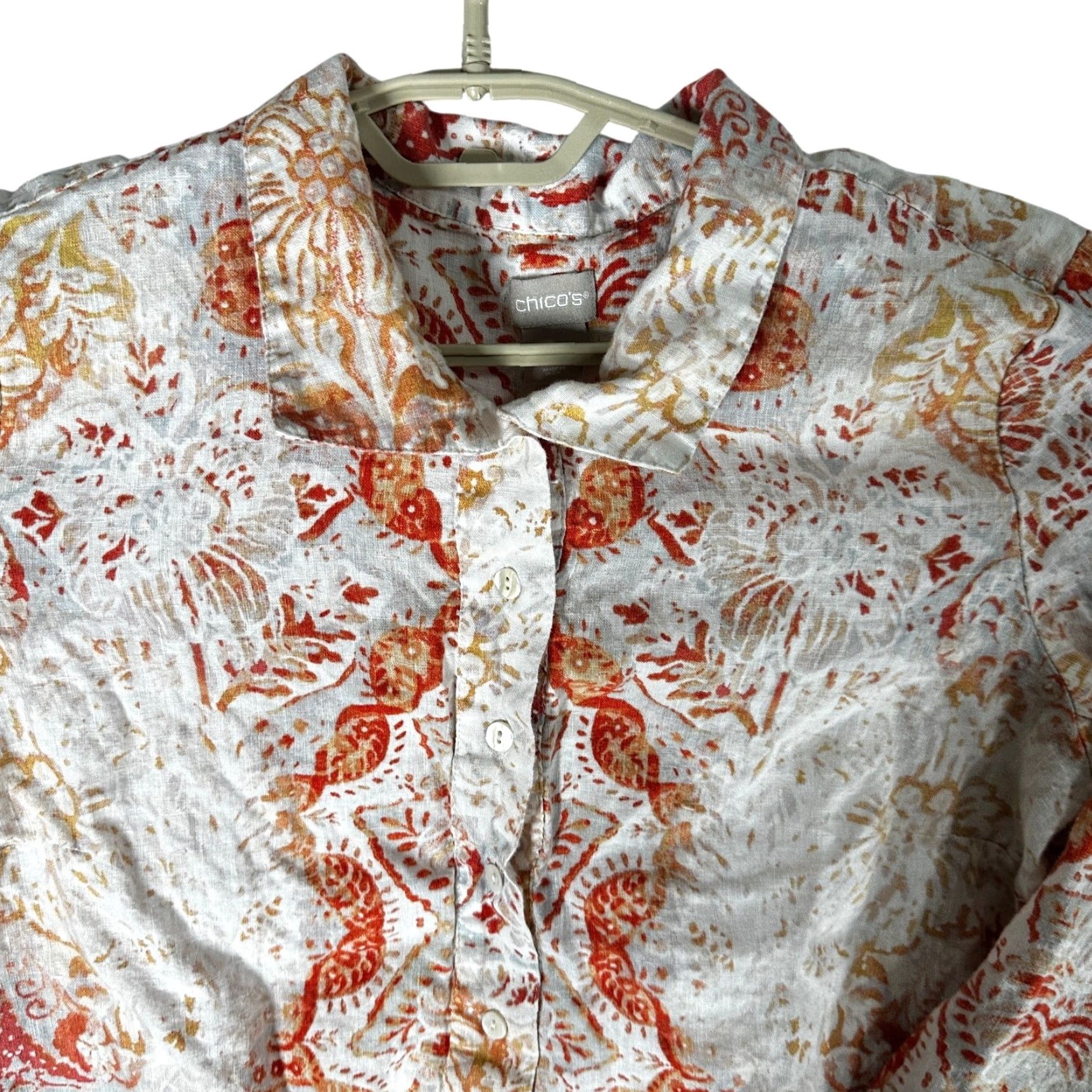 Vintage Chicos Tunic 100% Linen Blouse Orange Paisley Lagenlook Artsy Bohemian Linen Top Womens 12 Long Sleeve Casual Dressy Vintage? Size XL / US 12-14 / IT 48-50 - 4 Thumbnail