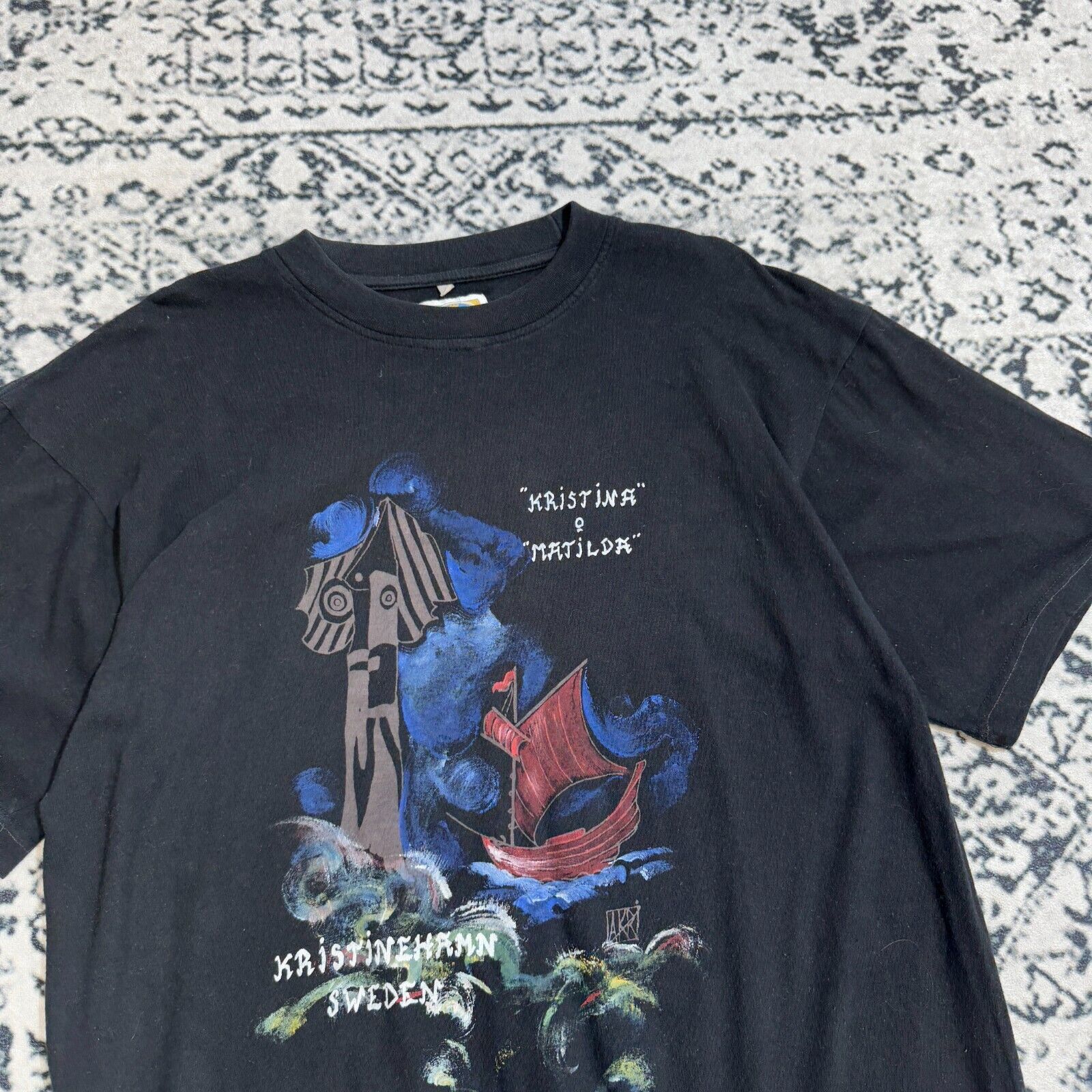 Vintage Black Cotton T-Shirt Size L Christina Matilda Art Sweden Size US L / EU 52-54 / 3 - 4 Thumbnail