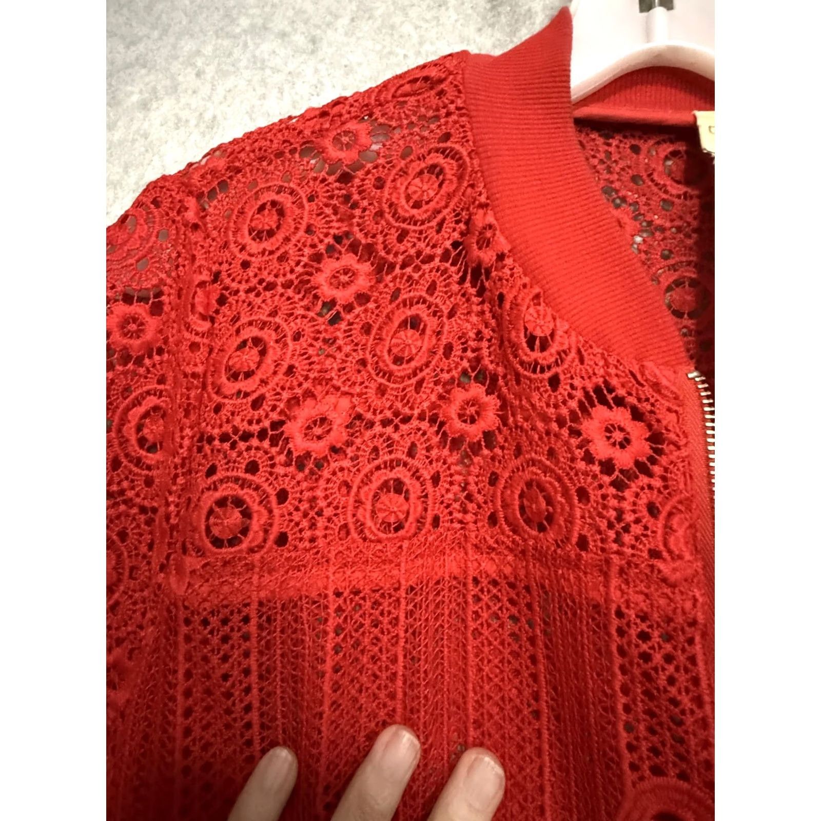 Vintage Chico's Jacket Womens 2 Red Lace Floral Bomber Zip Front Sheer Unlined Size XS / US 0-2 / IT 36-38 - 6 Thumbnail