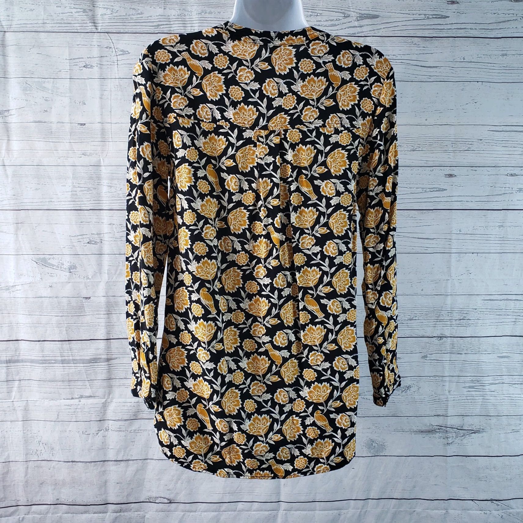 Old Navy VINTAGE Old Navy Womens Popover Top Black Mustard Floral Birds Long Sleeve Sz S Adult Womens Size S / US 4 / IT 40 - 4 Thumbnail