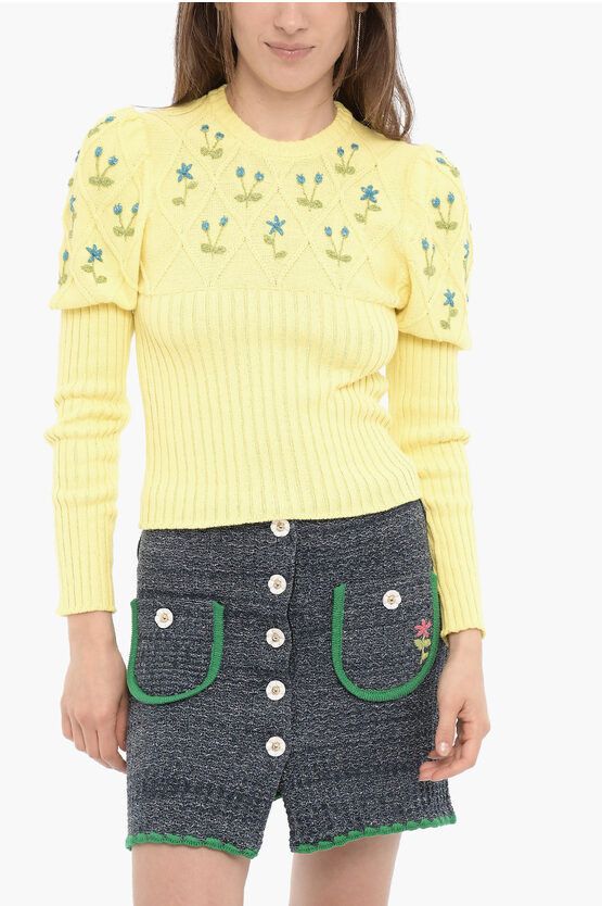 image of Cormio Ribbed Crew-Neck Sweater With Lurex Embroideries in Yellow, Women's (Size Small)