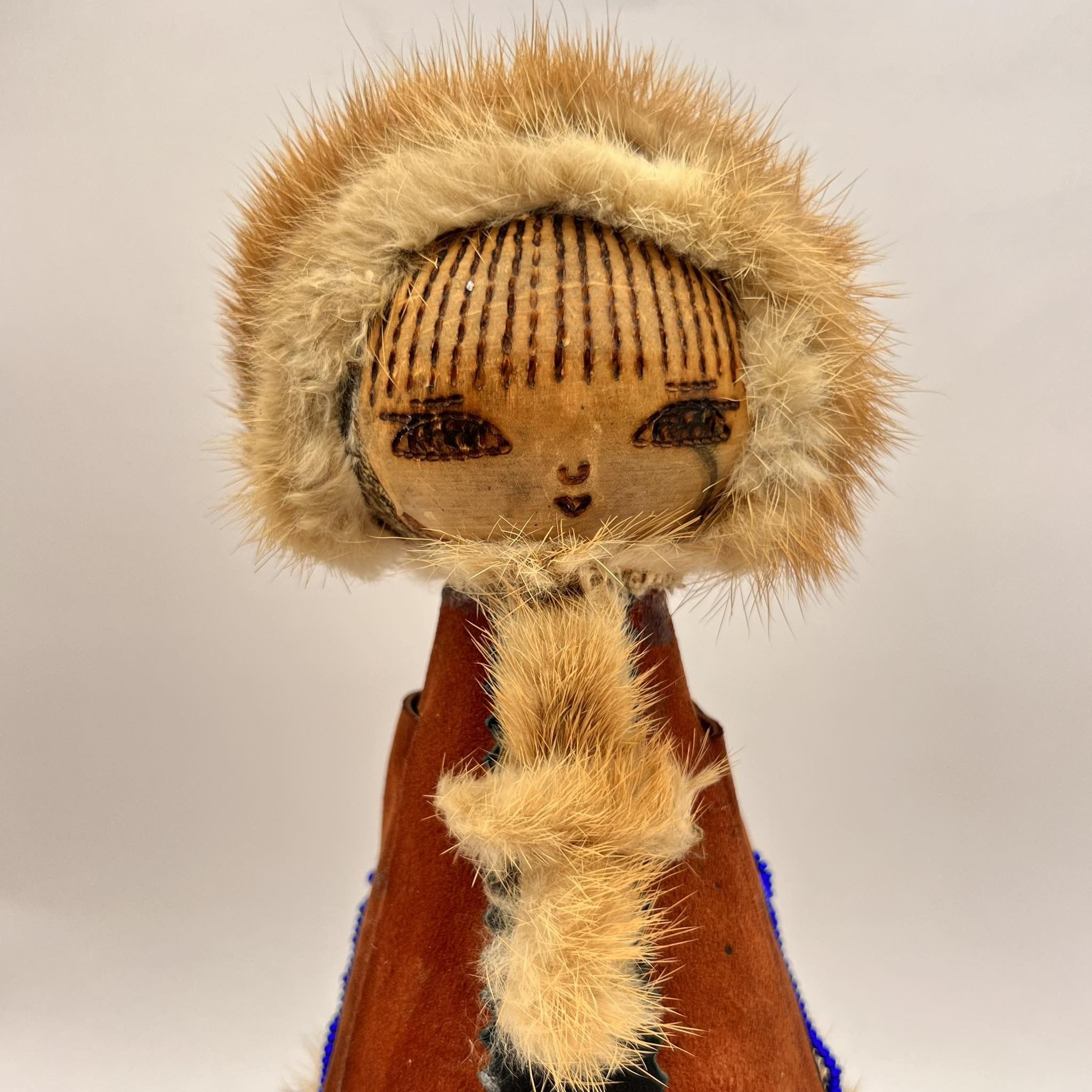 Vintage Vintage Wooden Natural Fur Hand Made Figurine Eskimo Girl Size ONE SIZE - 2 Thumbnail