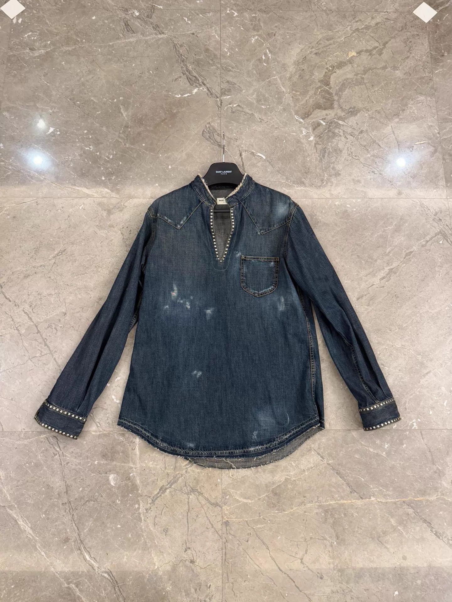 Saint Laurent Paris SLP 15SS Denim V-Neck Studded Western Distressed Shirt Size US XL / EU 56 / 4 - 1 Thumbnail