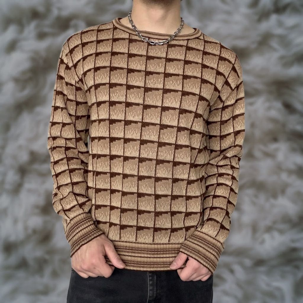 Vintage VINTAGE Hammond Bay Mens XL Beige Brown Check Crewneck Pullover Knit Sweater Skein-Friendly Casual Winter Regular Fit Size US XL / EU 56 / 4 - 1 Thumbnail