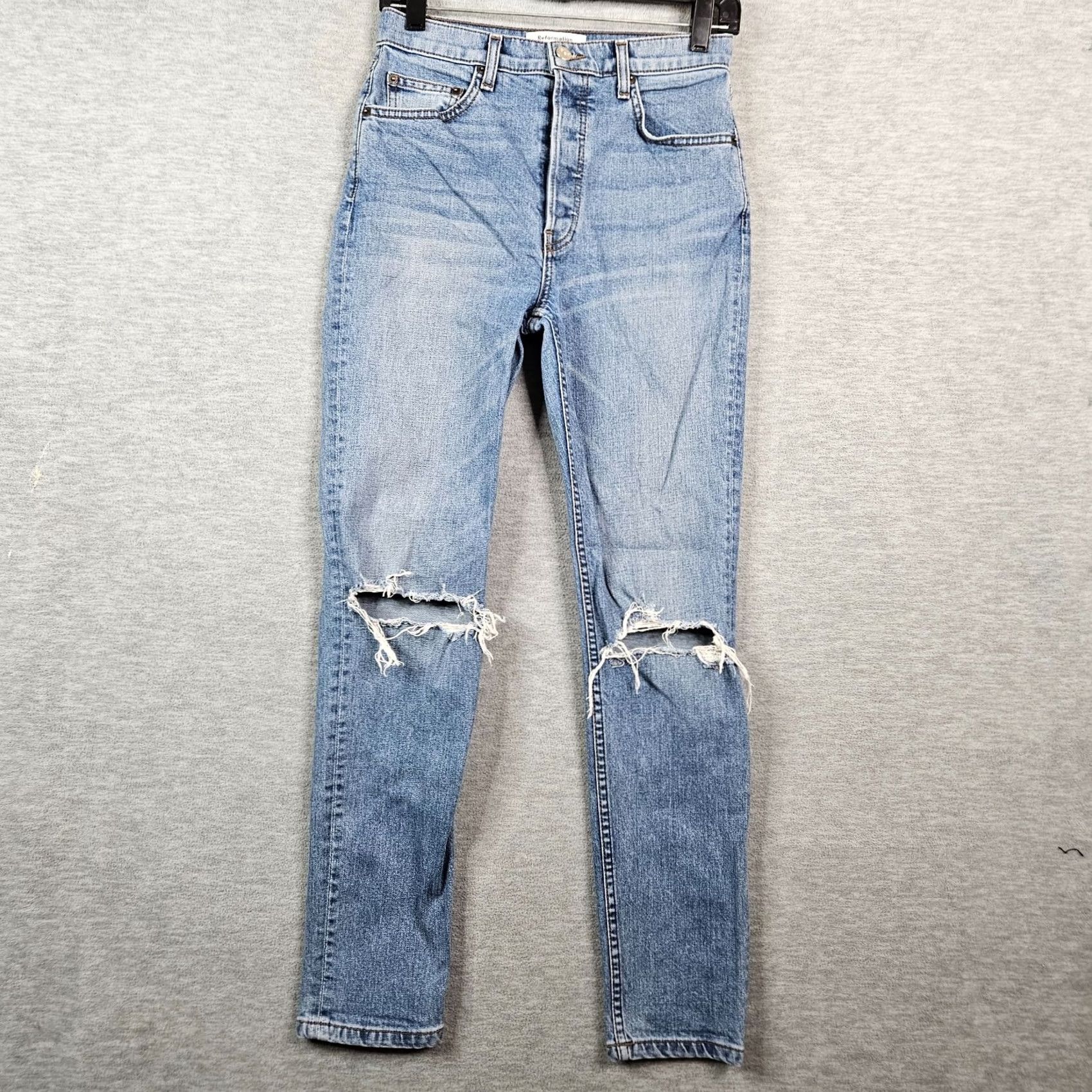 Reformation Reformation Serena High Skinny Wash Melbourne Destroyed Blue Jeans Size 27 - Denim, 5-Pocket, Button Fly, Regular Fit, Womens, Blue, Medium Wash Size 27" / US 4 / IT 40 - 2 Thumbnail