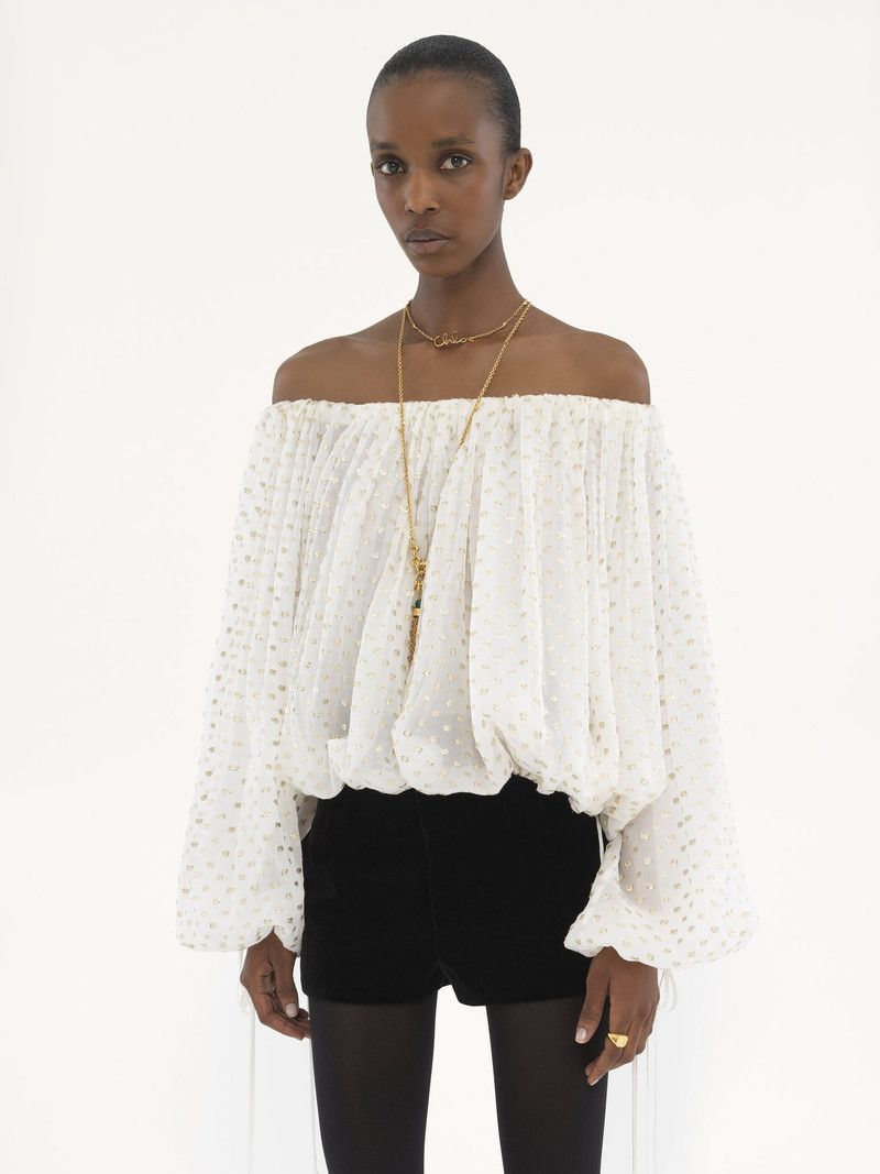 Chloe o1loc1c10326 Gathered Off The Shoulder Top in White Size XS / US 0-2 / IT 36-38 - 3 Thumbnail