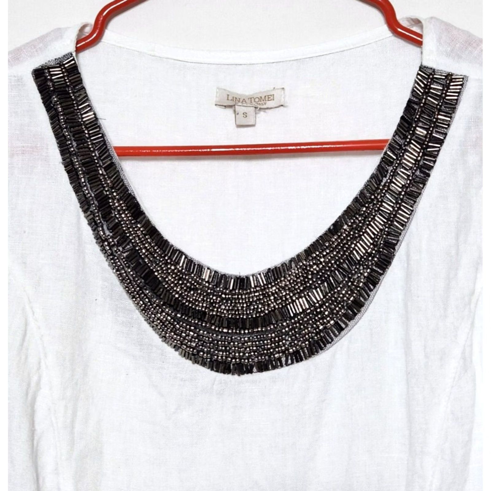 Vintage Lina Tomei Womens Blouse Tank Top Linen Beaded Sleeveless White S Size S / US 4 / IT 40 - 3 Thumbnail