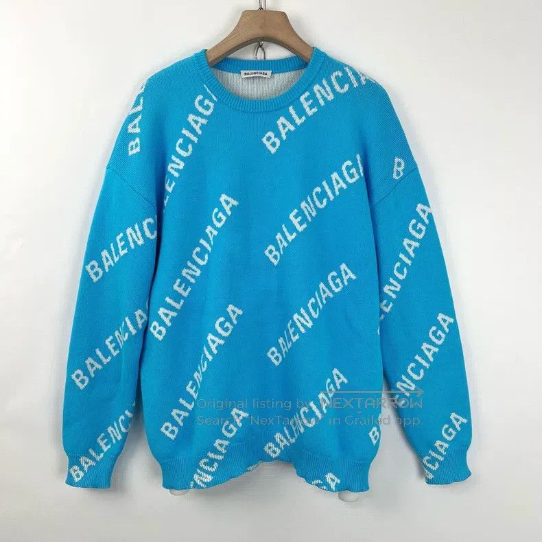 Balenciaga Balenciaga Blue and White Bullet Screen Logo Knitted Sweat Size US M / EU 48-50 / 2 - 1 Thumbnail