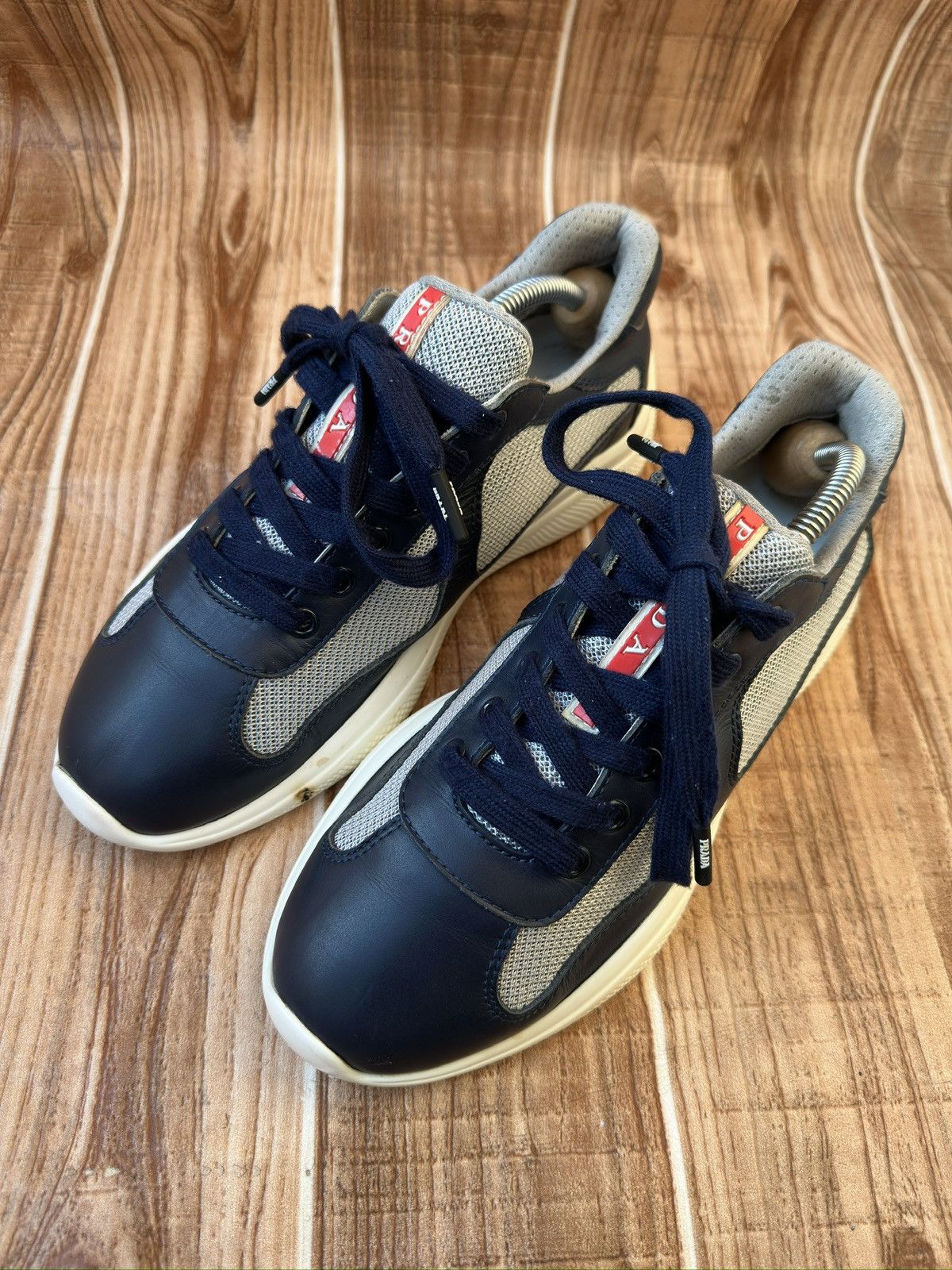 Prada Americas Cup Blue Leather Low Top Sneaks