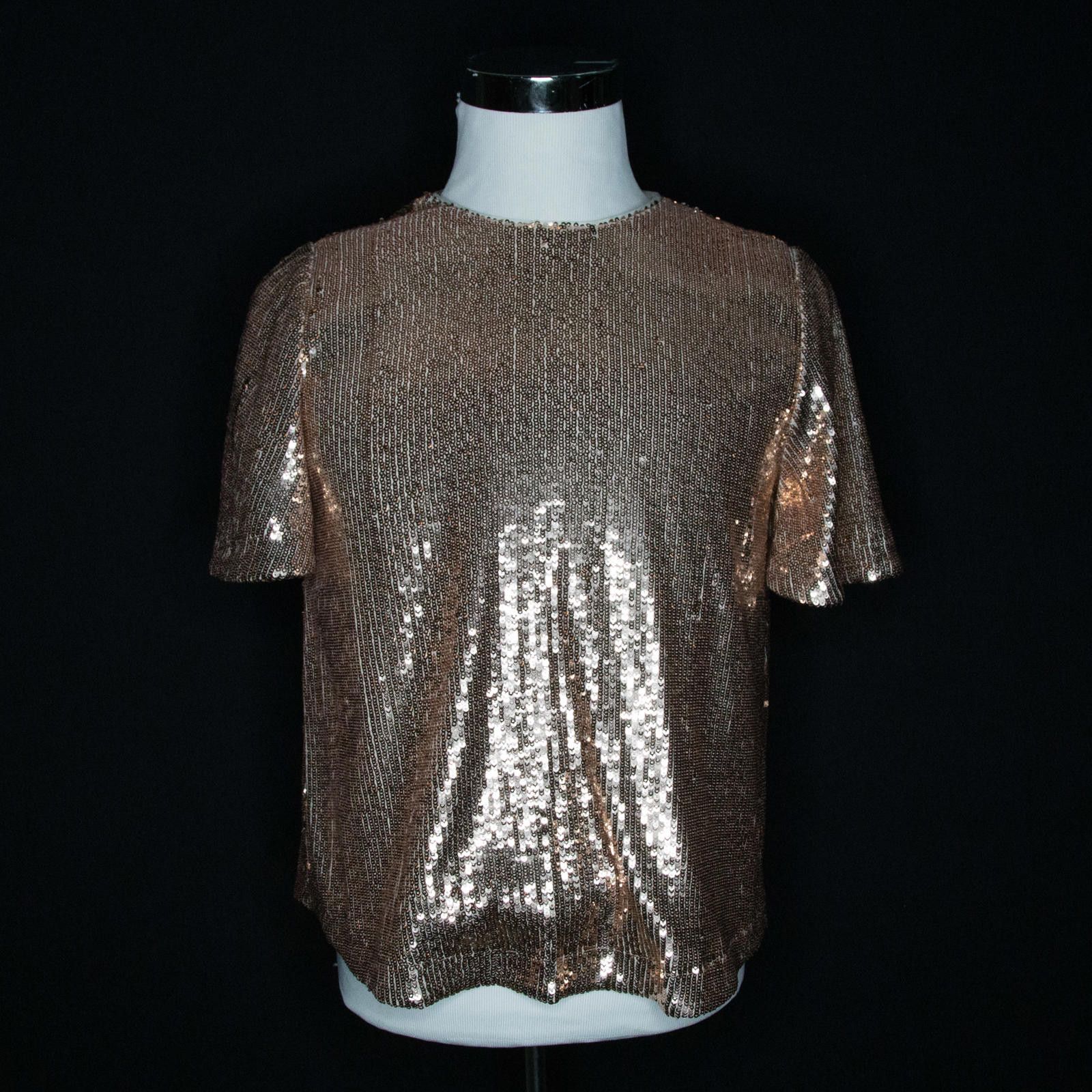 Sezane Sequin Short Sleeve Blouse Kitty Light Gold Top US 4