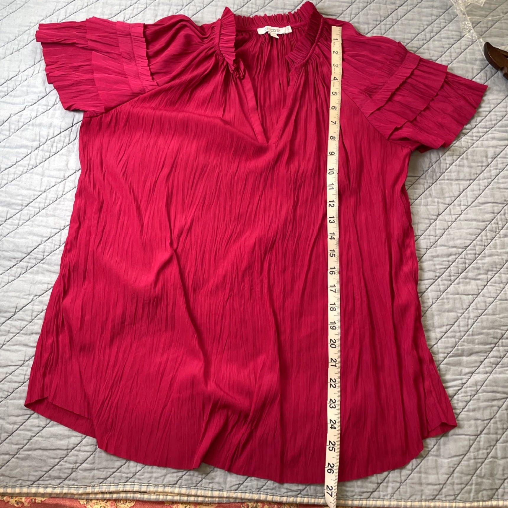 Vintage Chico's Blouse Shirt V-Neck Short Sleeve Flutter Sleeve Pleated Ruffle Polyester Red Pink 6 Regular Women Adjustable Packable All Seasons Size M / US 6-8 / IT 42-44 - 8 Thumbnail