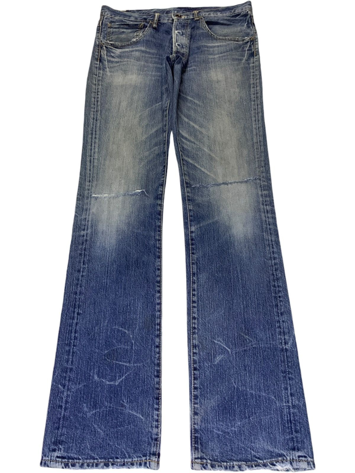 Japanese Brand Vintage Blue Way Faded Wash Distressed Bootcut Jeans Size US 33 - 1 Thumbnail
