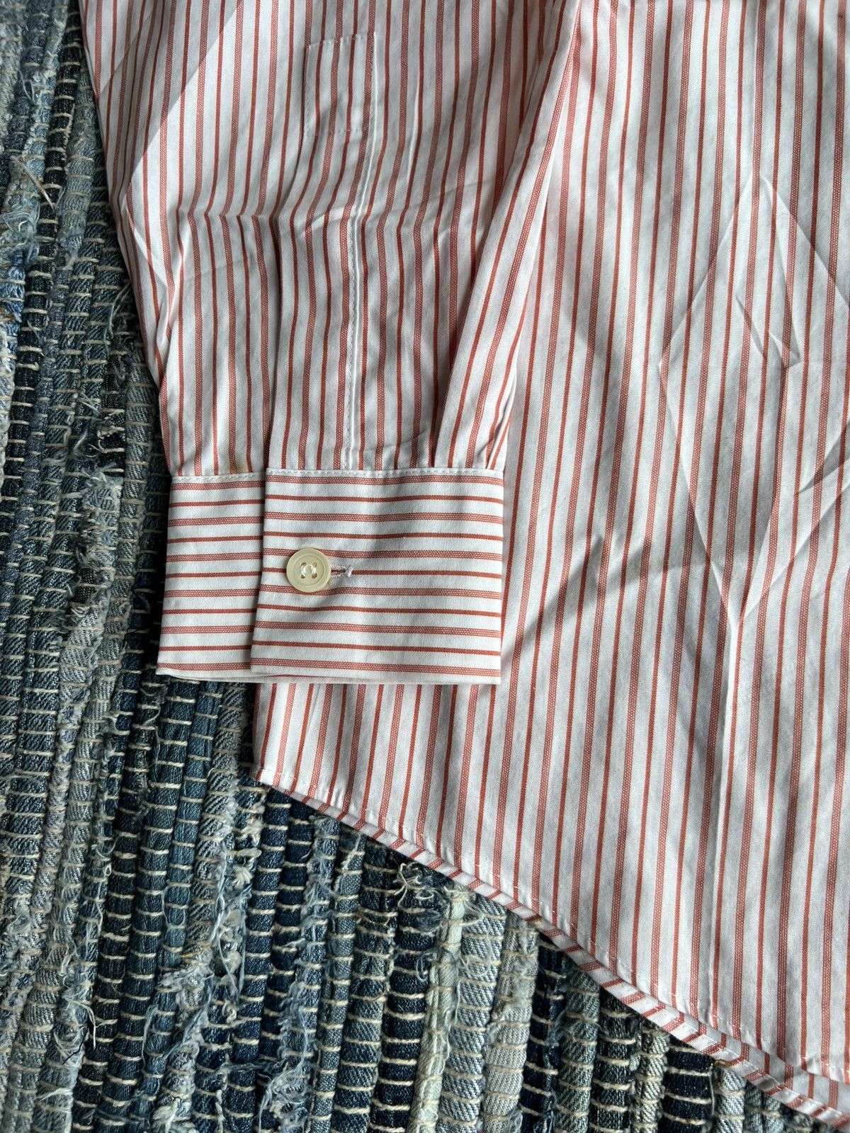 Issey Miyake × Pleats Please Issey Miyake × Vintage Vintage Issey Miyake Orange Striped Formal/Casual B/D Shirt Size US L / EU 52-54 / 3 - 5 Thumbnail
