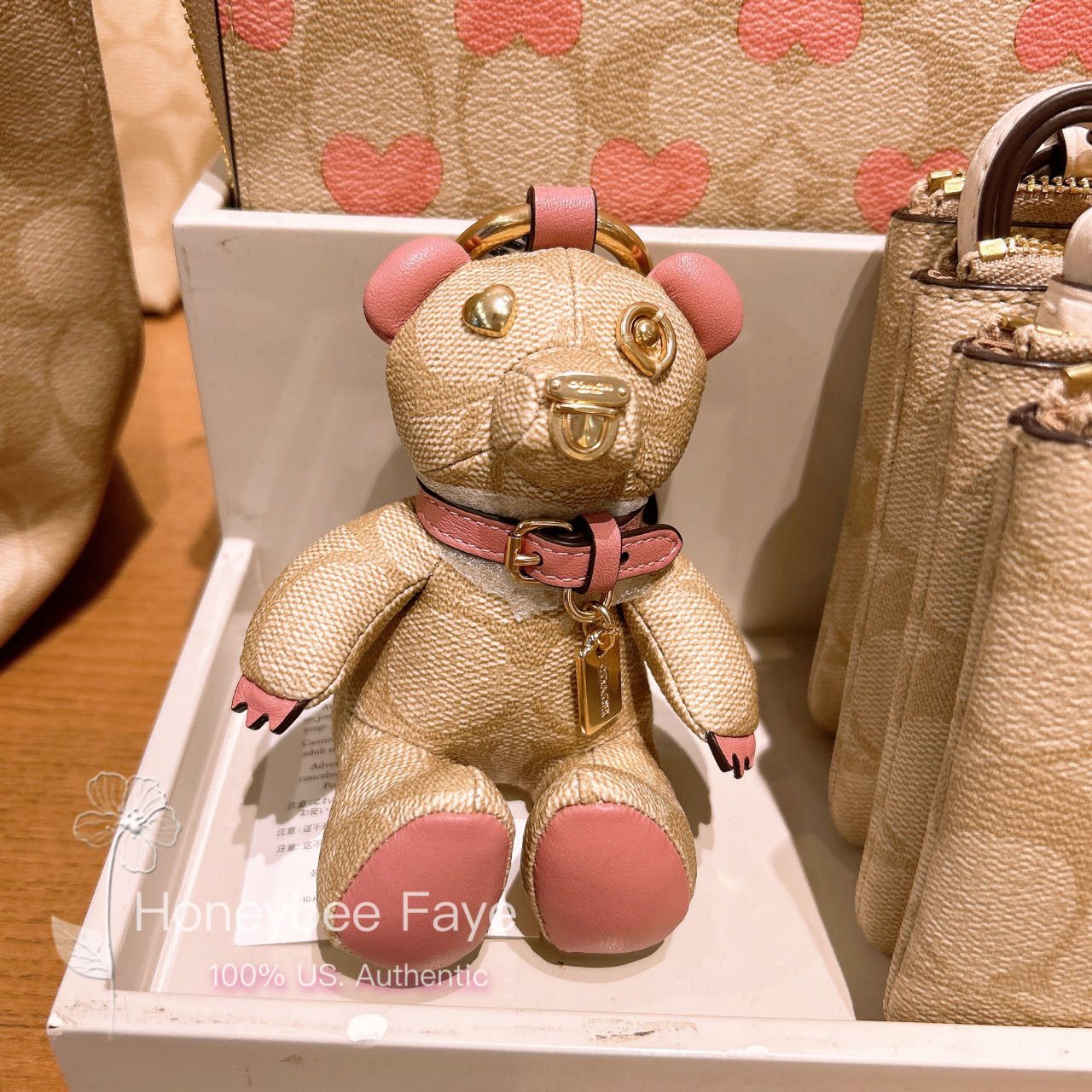 image of Coach Bear Bag Charm In Signature Canvas With Heart Cq756 in Gold/Light Khaki/Pink, Women's