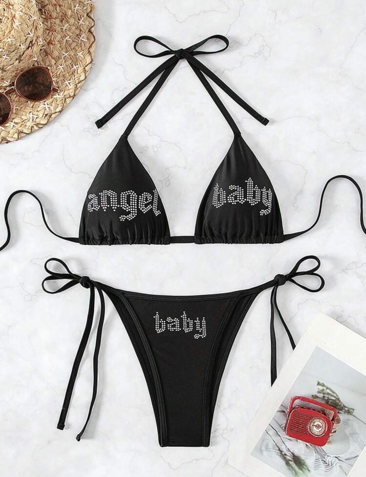 Other Trendy Black Rhinestone "Angel Baby" Bikini Set Size ONE SIZE - 3 Thumbnail