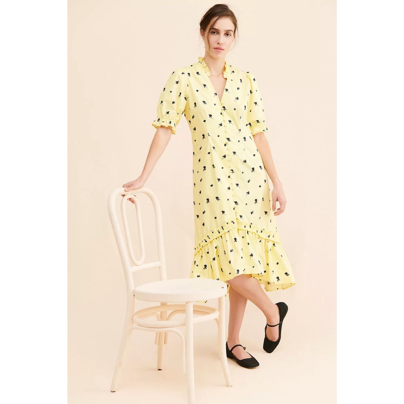 FREE PEOPLE Tuva Yellow Floral Puff Sleeve Midi Dress