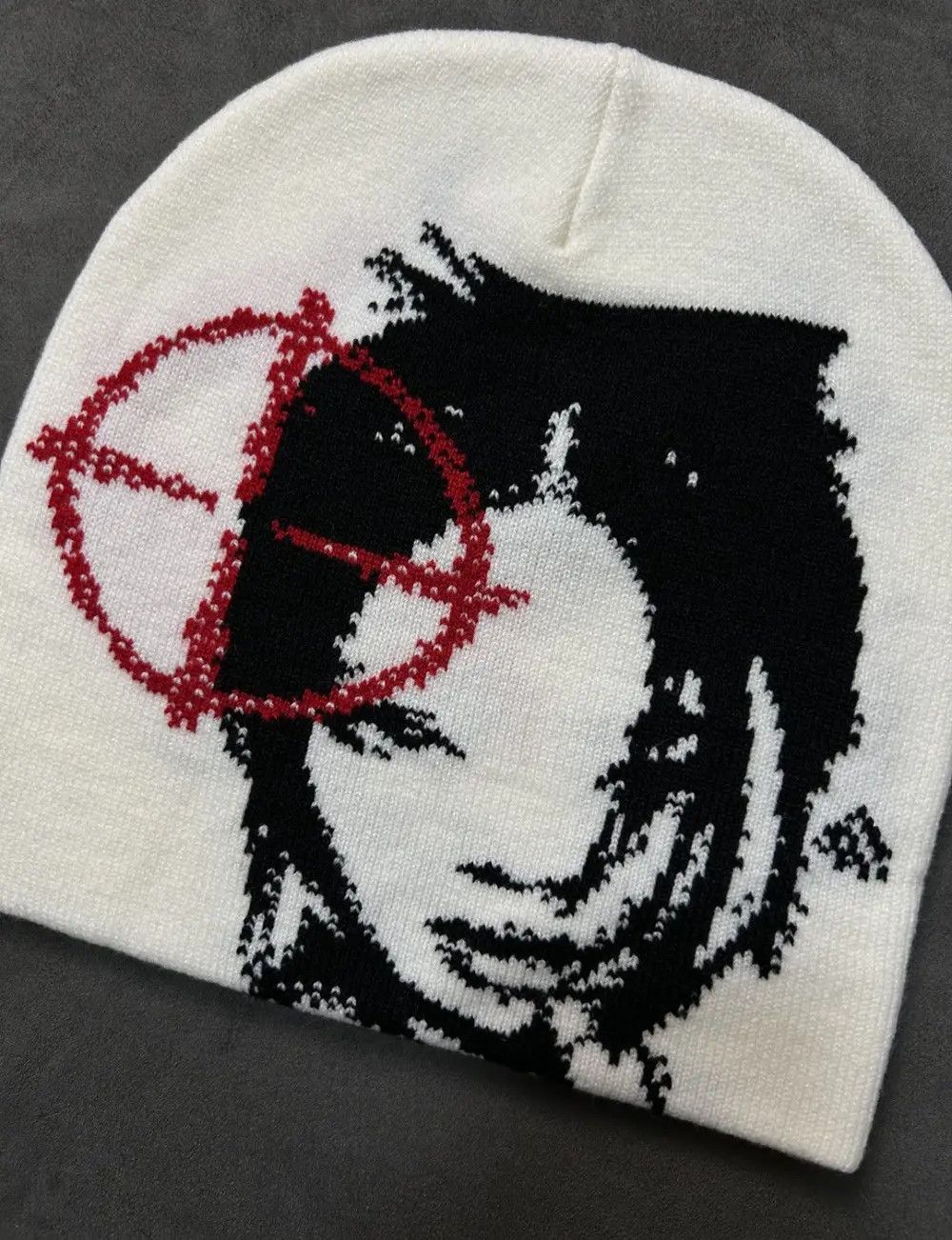 Japanese Brand Anime Girl Target Graphic No Cuff Knit Beanie White Hat OS Size ONE SIZE - 1 Thumbnail