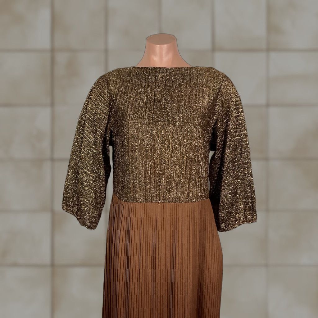 VINTAGE R&K Originals Dress Womens 8 Bronze Metallic Pleated Evening 80s Bohemian
