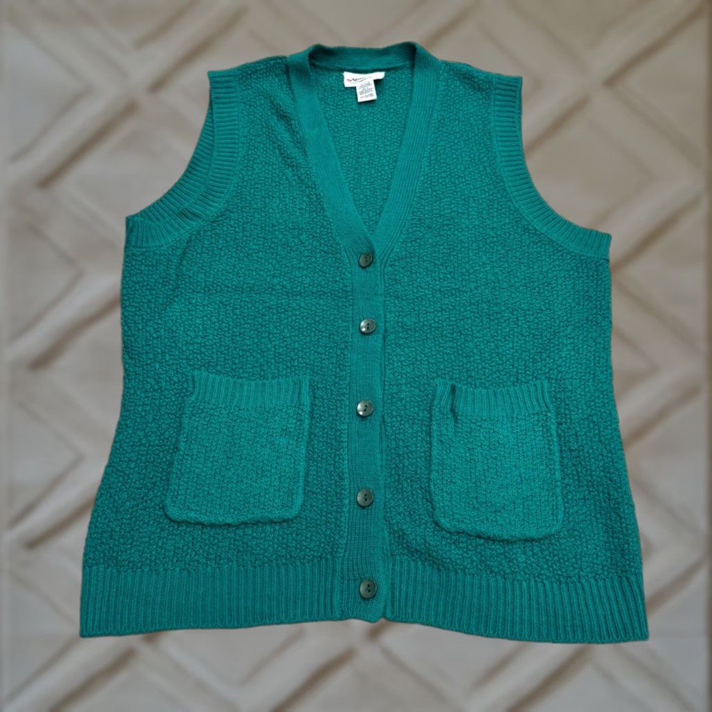 Vintage National Sweater Vest Women L Green Acrylic Button Front V-Neck Knit Size L / US 10 / IT 46 - 1 Thumbnail