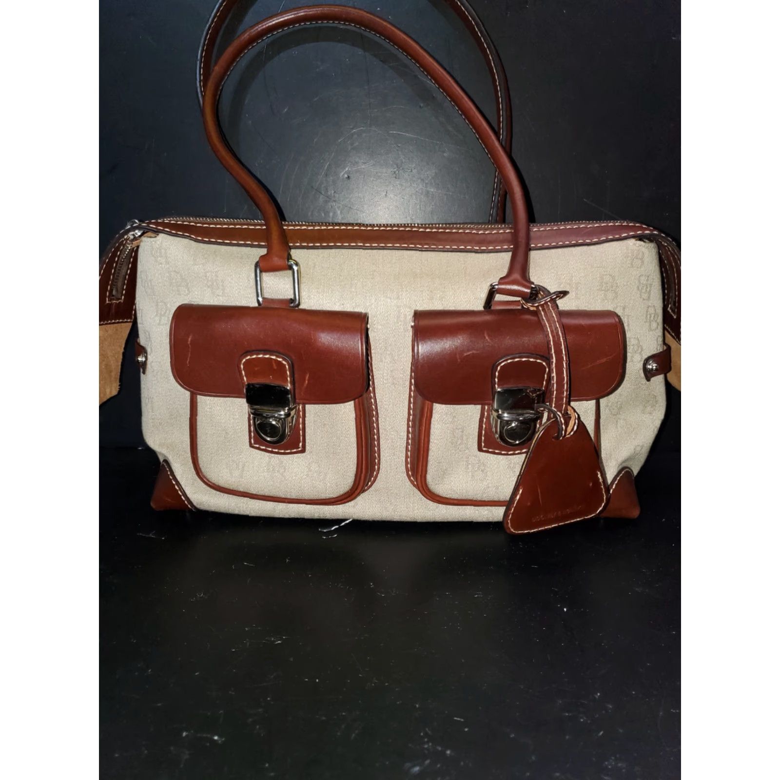 Dooney & Bourke VINTAGE Dooney & Bourke Anniversary Signature Double Pocket Tote Bag Satchel Logo Coin Canvas Leather Brown Beige 12x6x8 Bags Mens Womens Girls Boys Size ONE SIZE - 2 Thumbnail